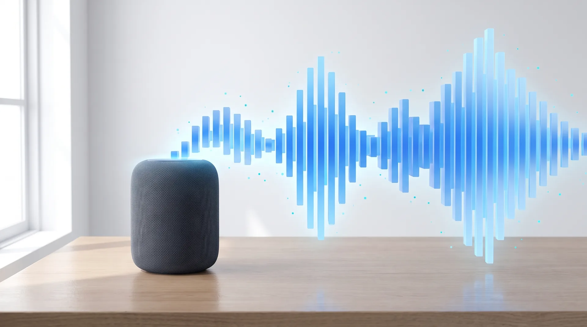 Smart speaker on desk with voice waveform visualization