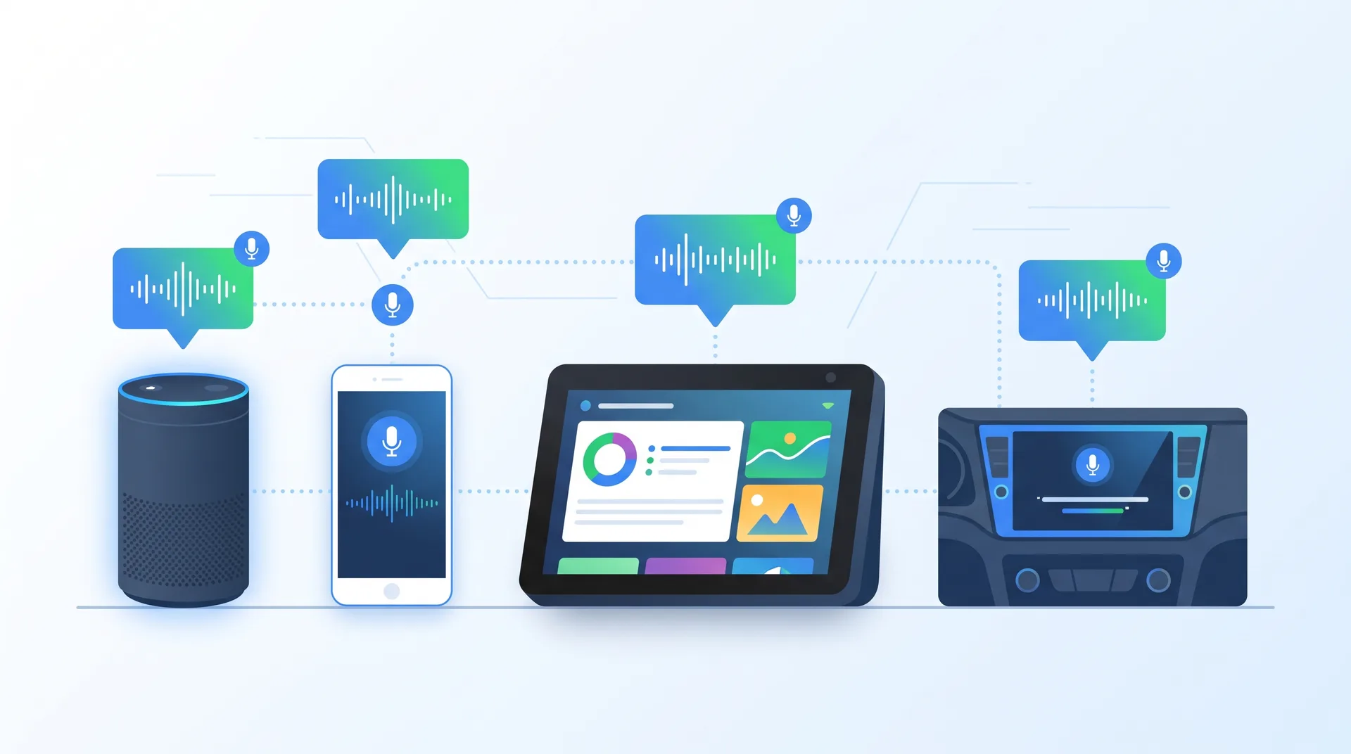 Voice search optimization strategy showing multiple devices and conversational query patterns