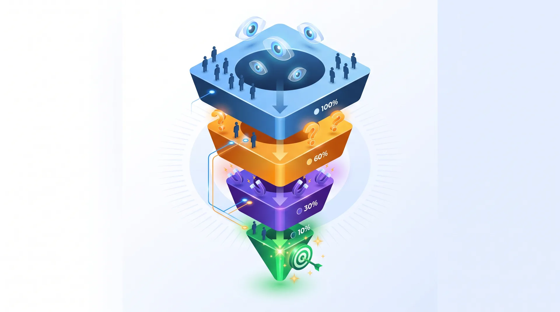 Conversion funnel diagram showing how curiosity gaps drive each stage from awareness to action