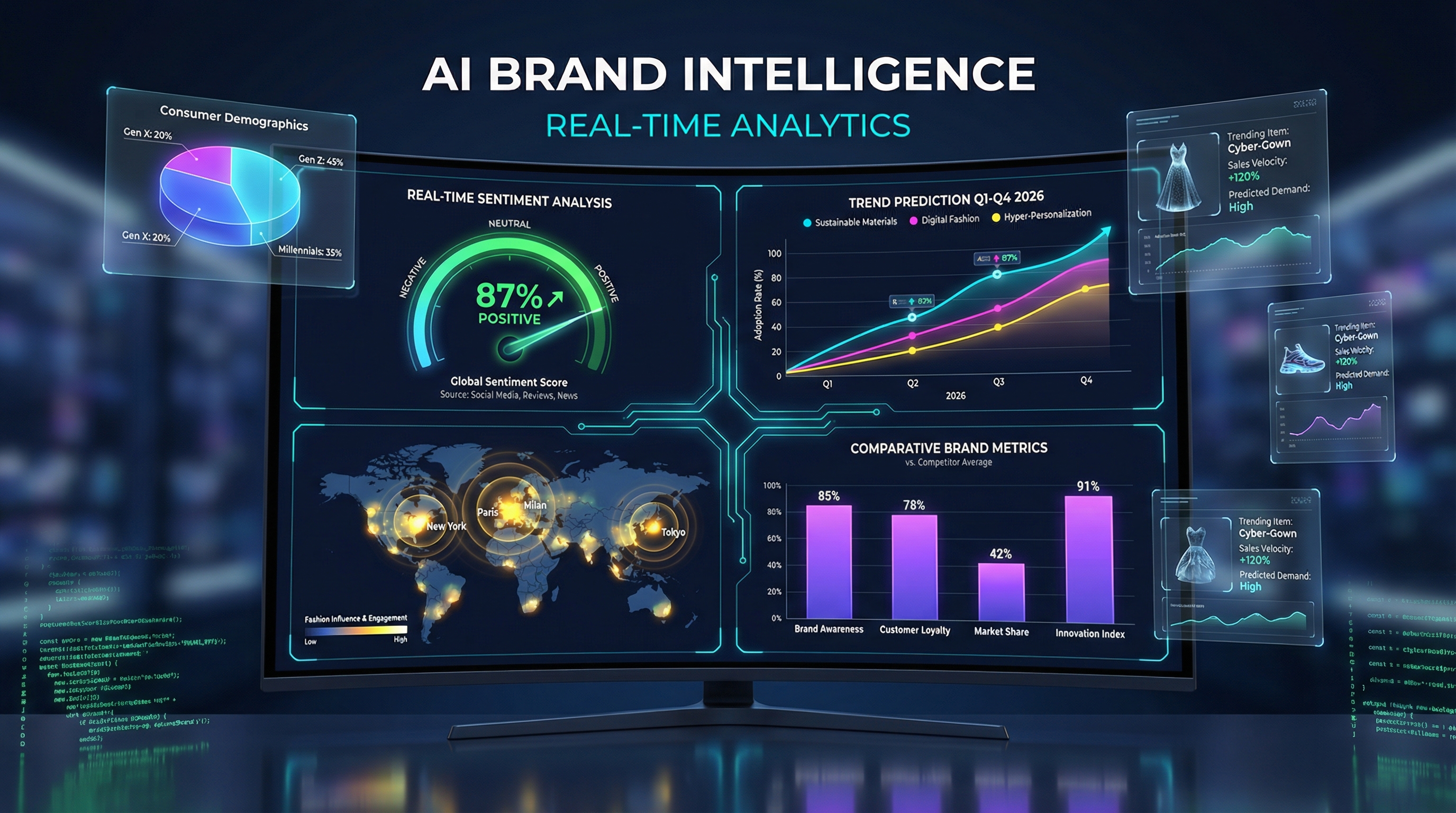 AI-powered brand intelligence dashboard showing real-time sentiment analysis and trend prediction