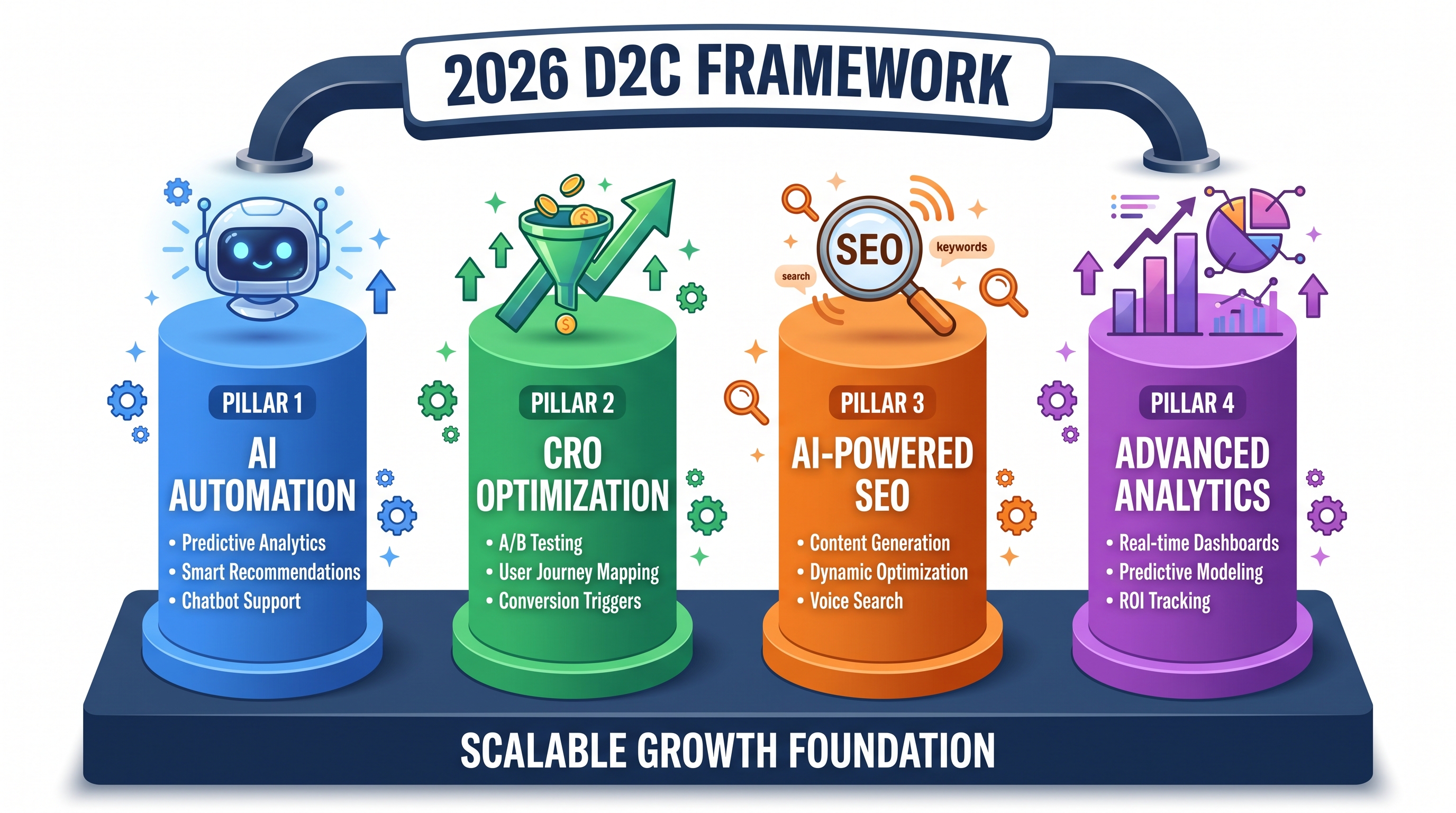 The four pillars of a modern D2C ecommerce framework with AI automation, CRO, SEO, and analytics