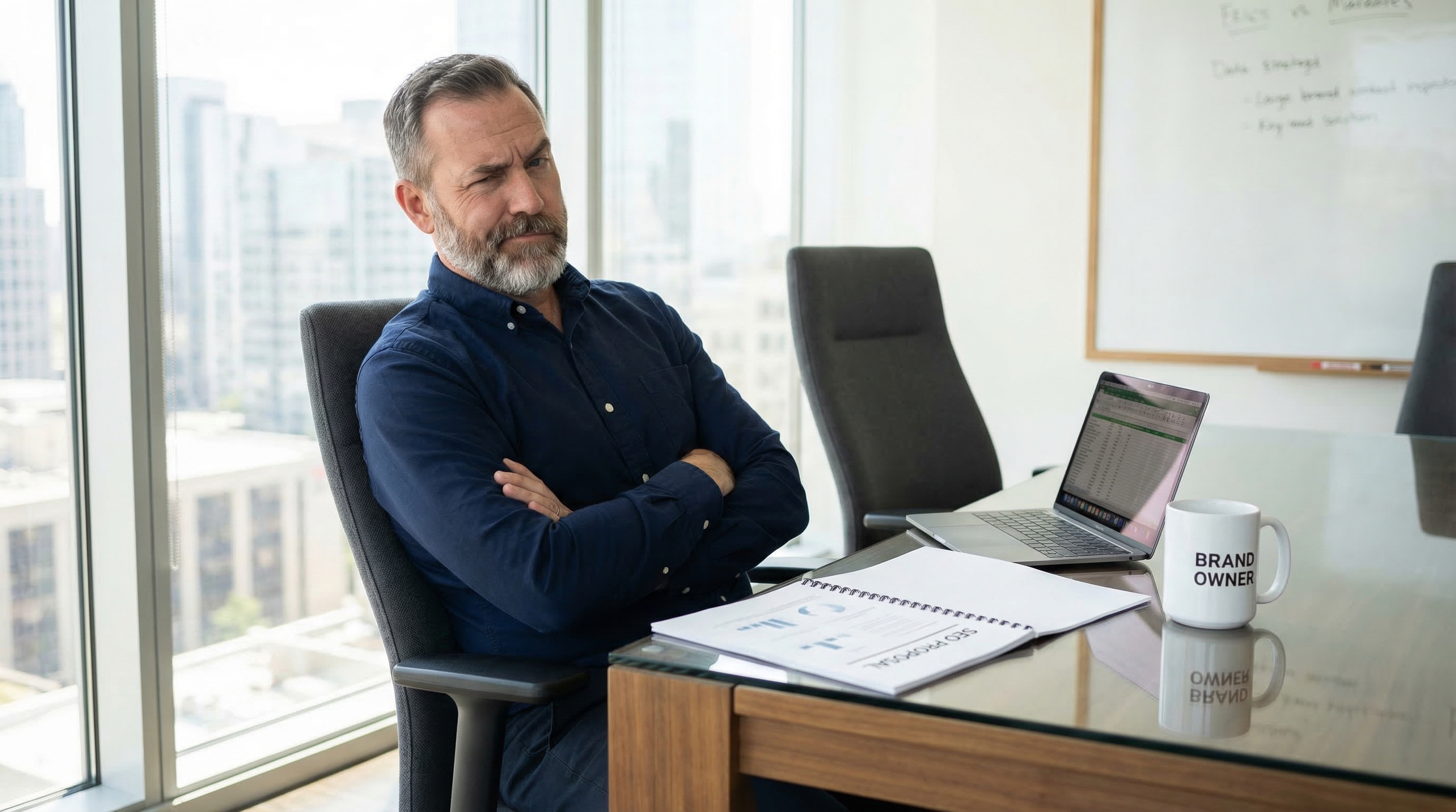 Brand owner reviewing SEO agency proposal with skepticism