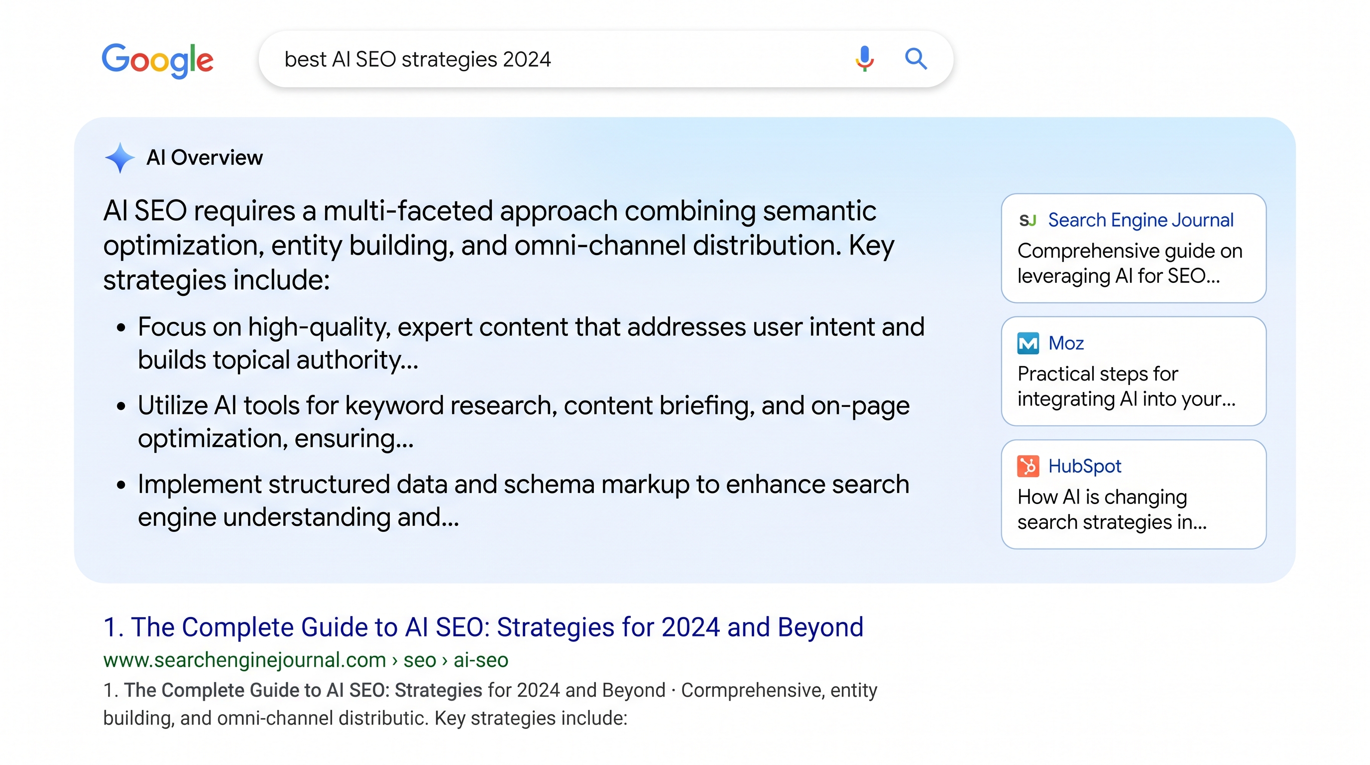 Google Search Generative Experience showing AI-generated answer with source citations