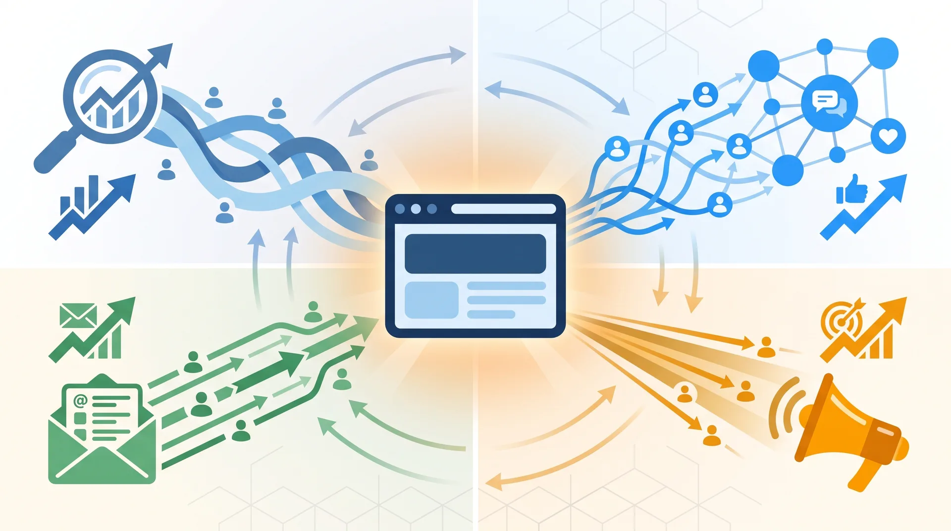 Multi-channel traffic generation framework showing SEO, social media, email, and paid advertising working together