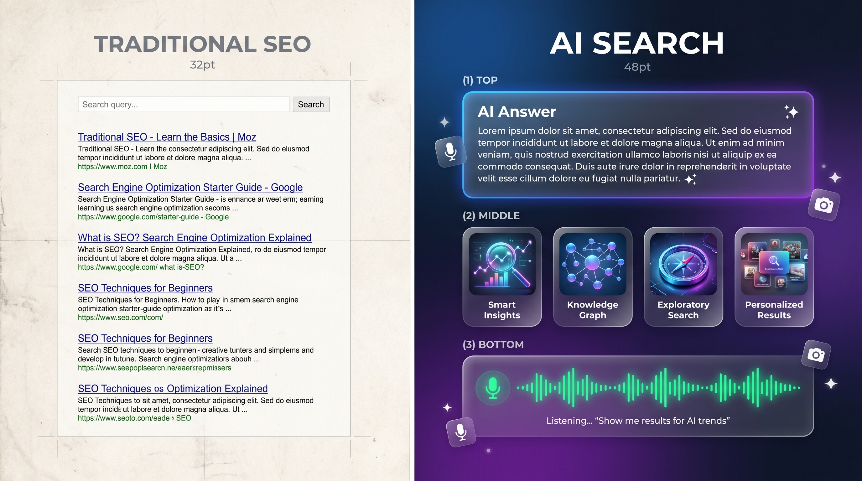 AI-powered search interface showing multiple result types including text answers, visual results, and voice queries