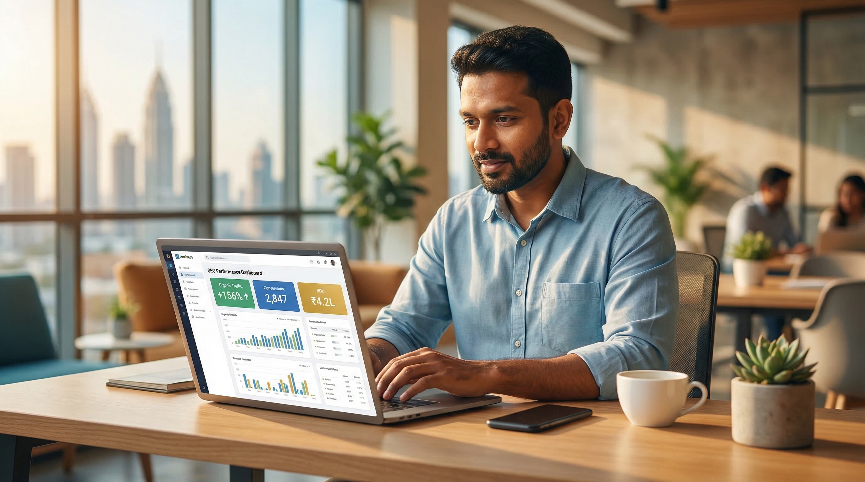 Indian business owner analyzing SEO ROI dashboard on laptop
