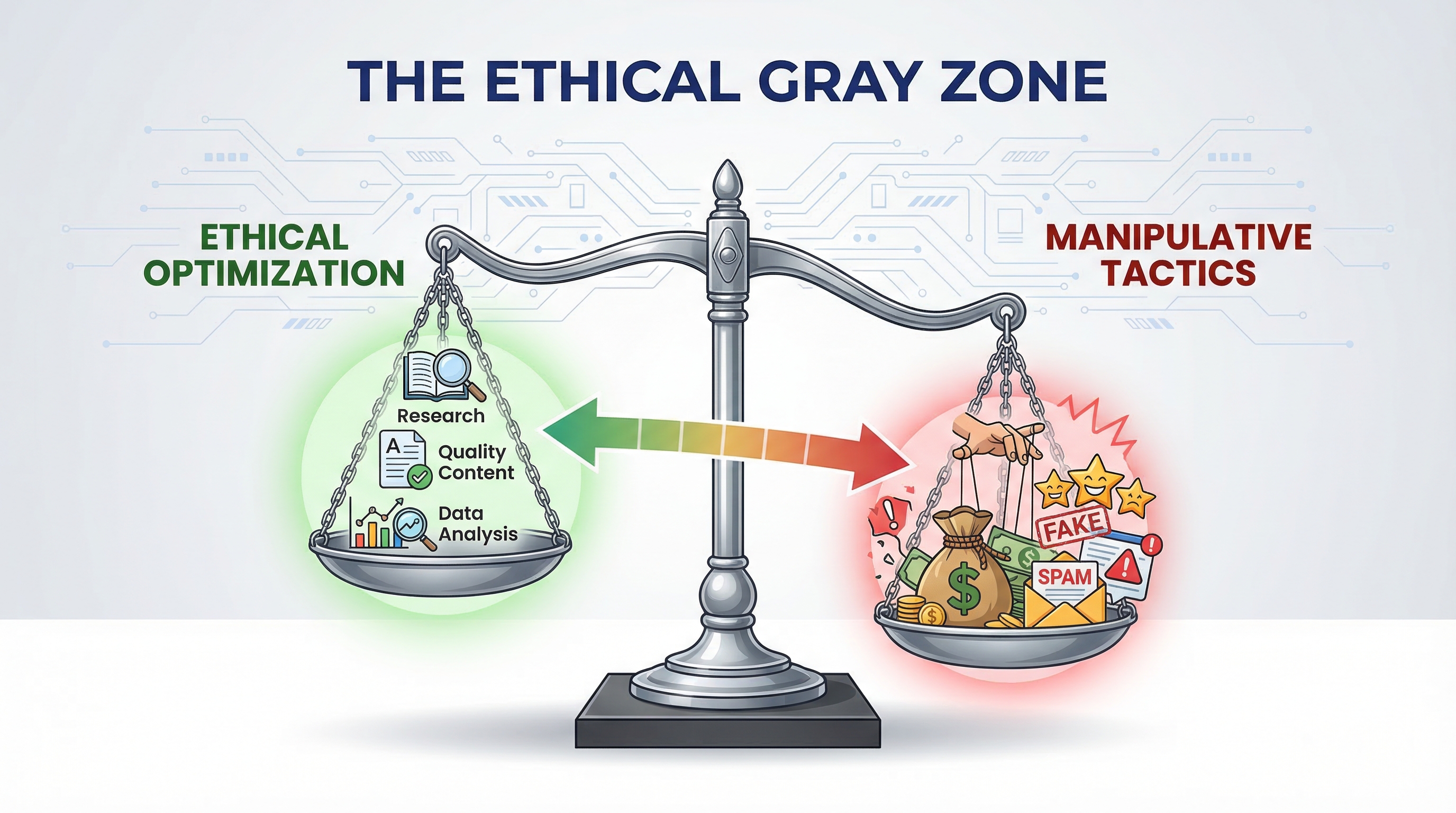 Balance scale showing ethical optimization versus manipulative tactics