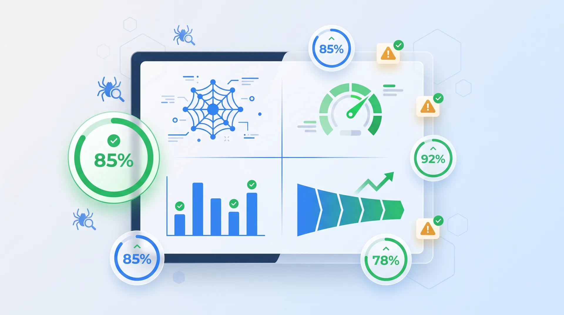 Website audit dashboard showing technical SEO metrics and conversion funnel analysis