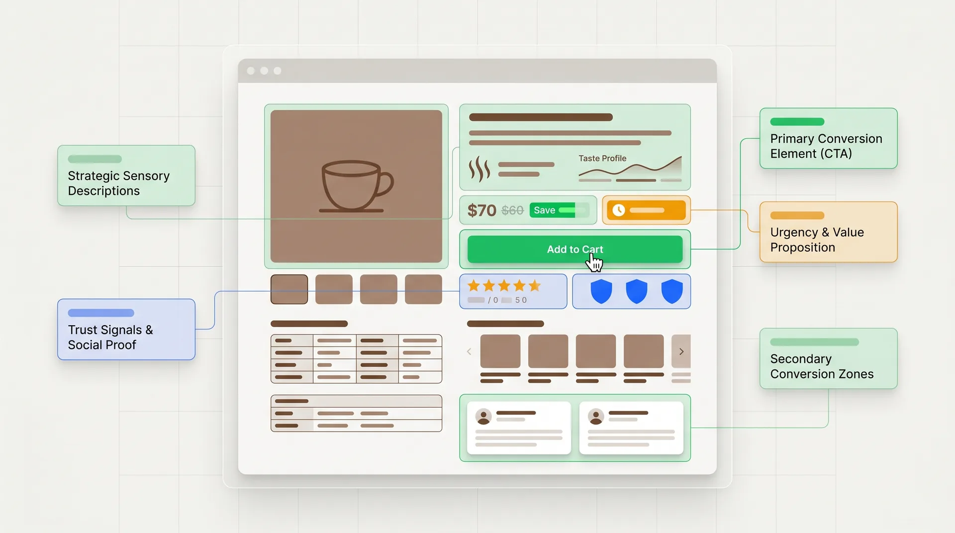 High-converting coffee product page example showing optimized layout with sensory descriptions and clear CTAs