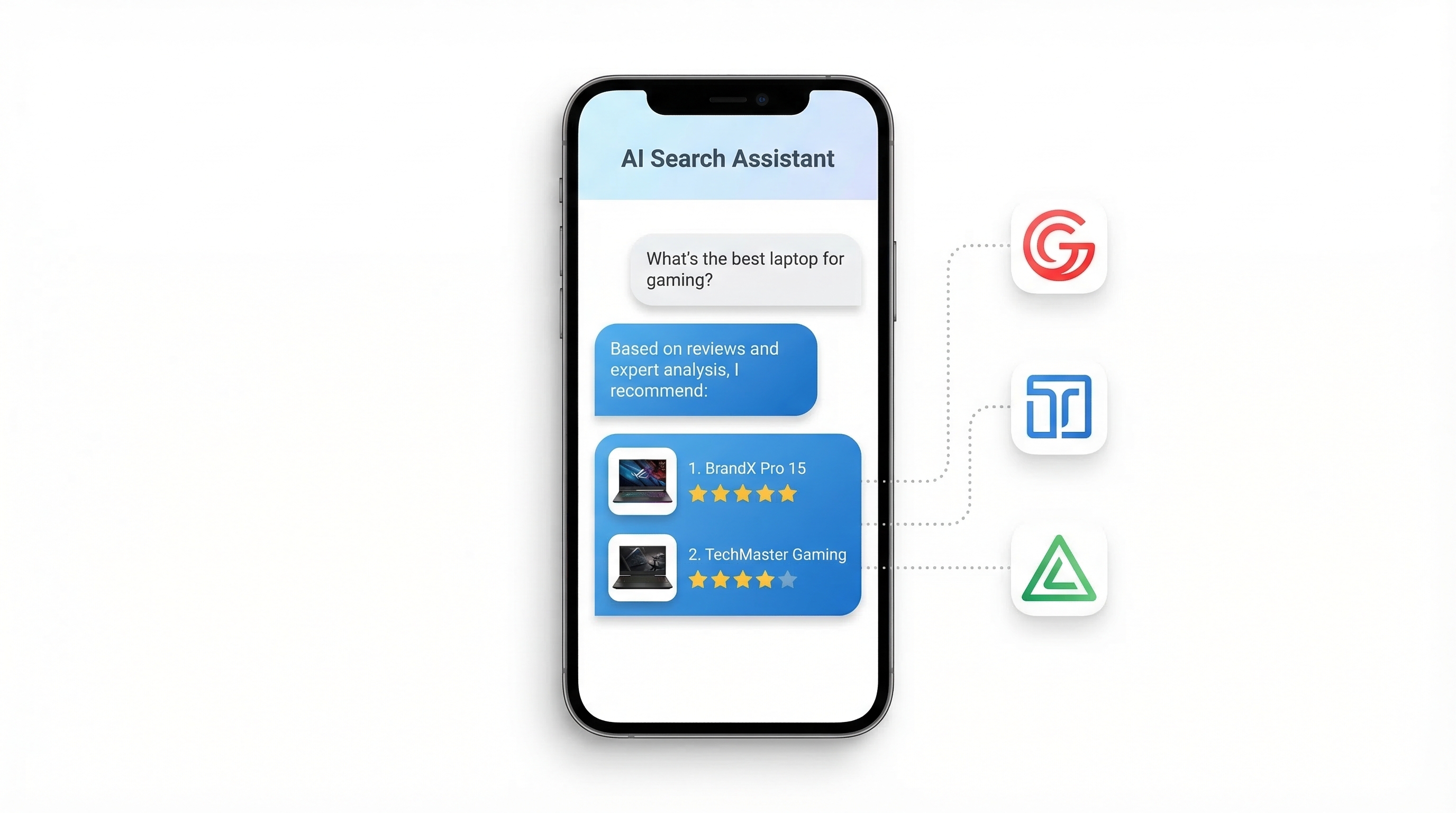 AI search interface showing brand recommendations in conversational format