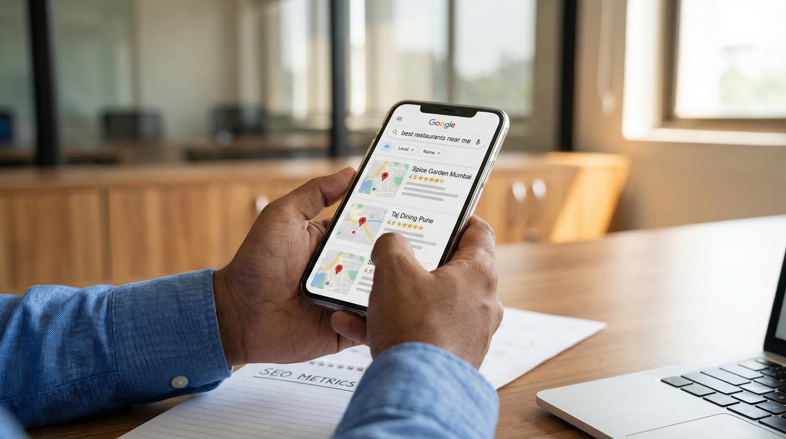 Indian entrepreneur scrutinizing SEO data on a phone amid vibrant local search vibes