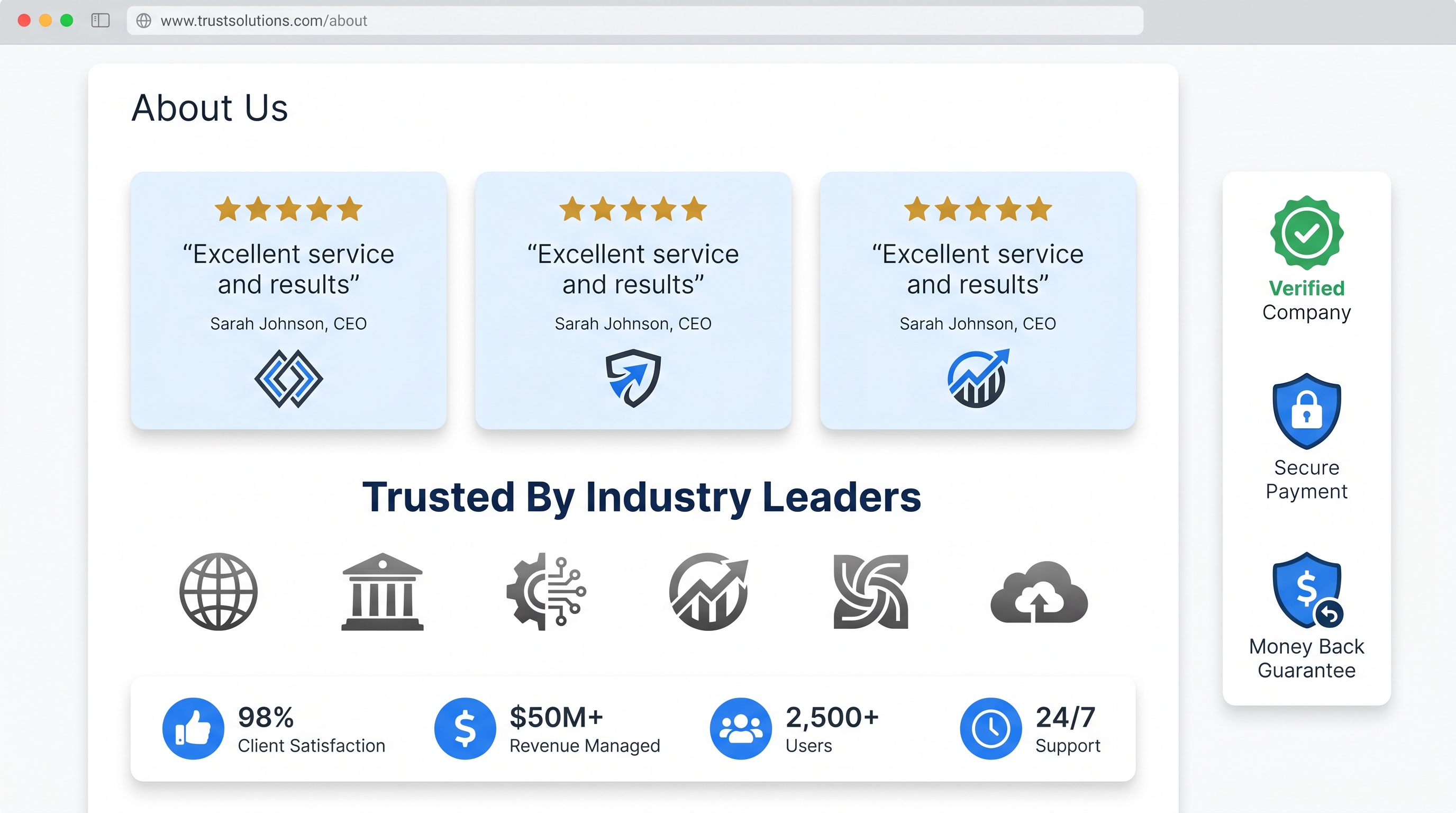 Example of trust indicators and social proof placement on About Us page