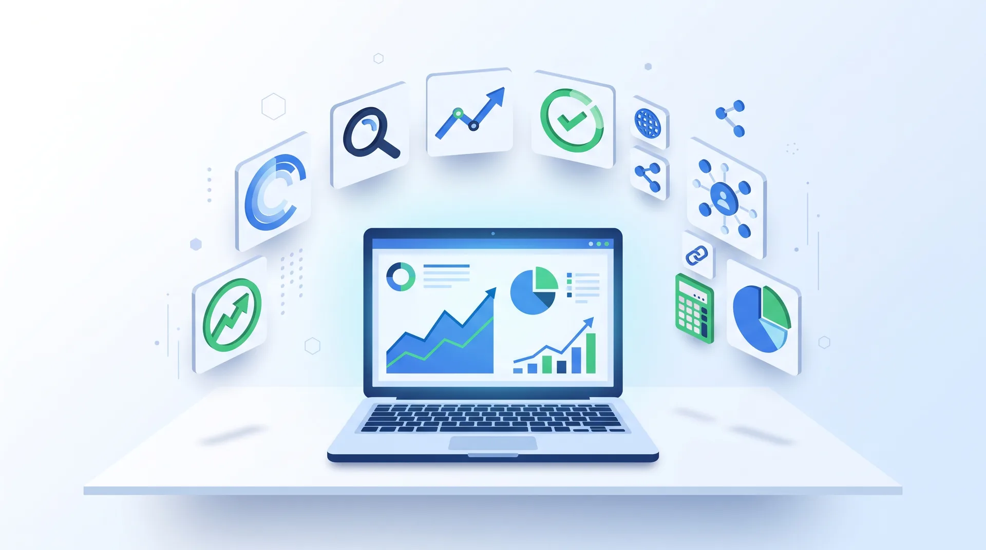 Content creator analyzing SEO and conversion metrics on a laptop dashboard