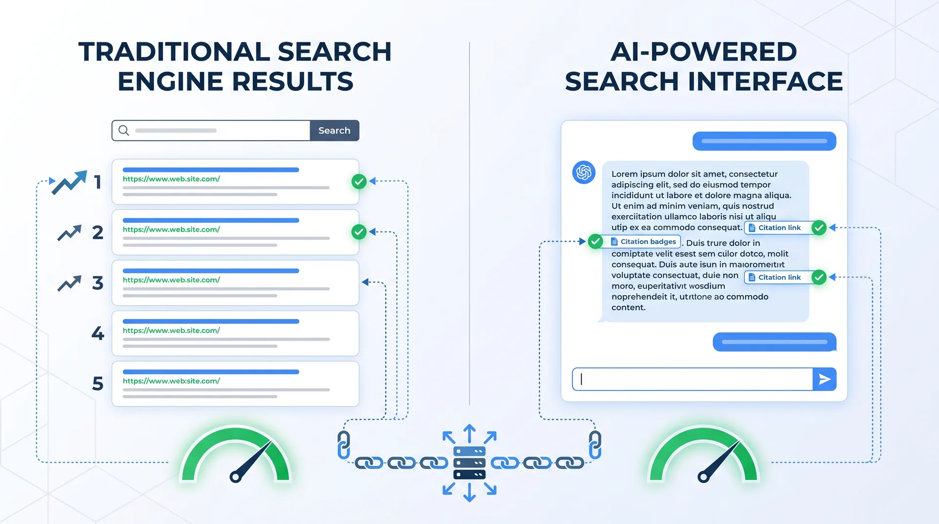 Visualization showing how backlinks influence both traditional search rankings and AI-powered search results