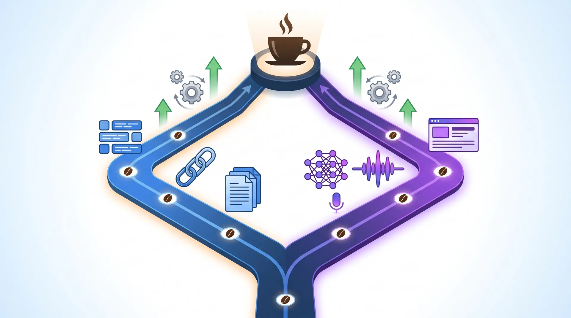 Coffee brand SEO strategy visualization showing traditional search and AI search optimization paths