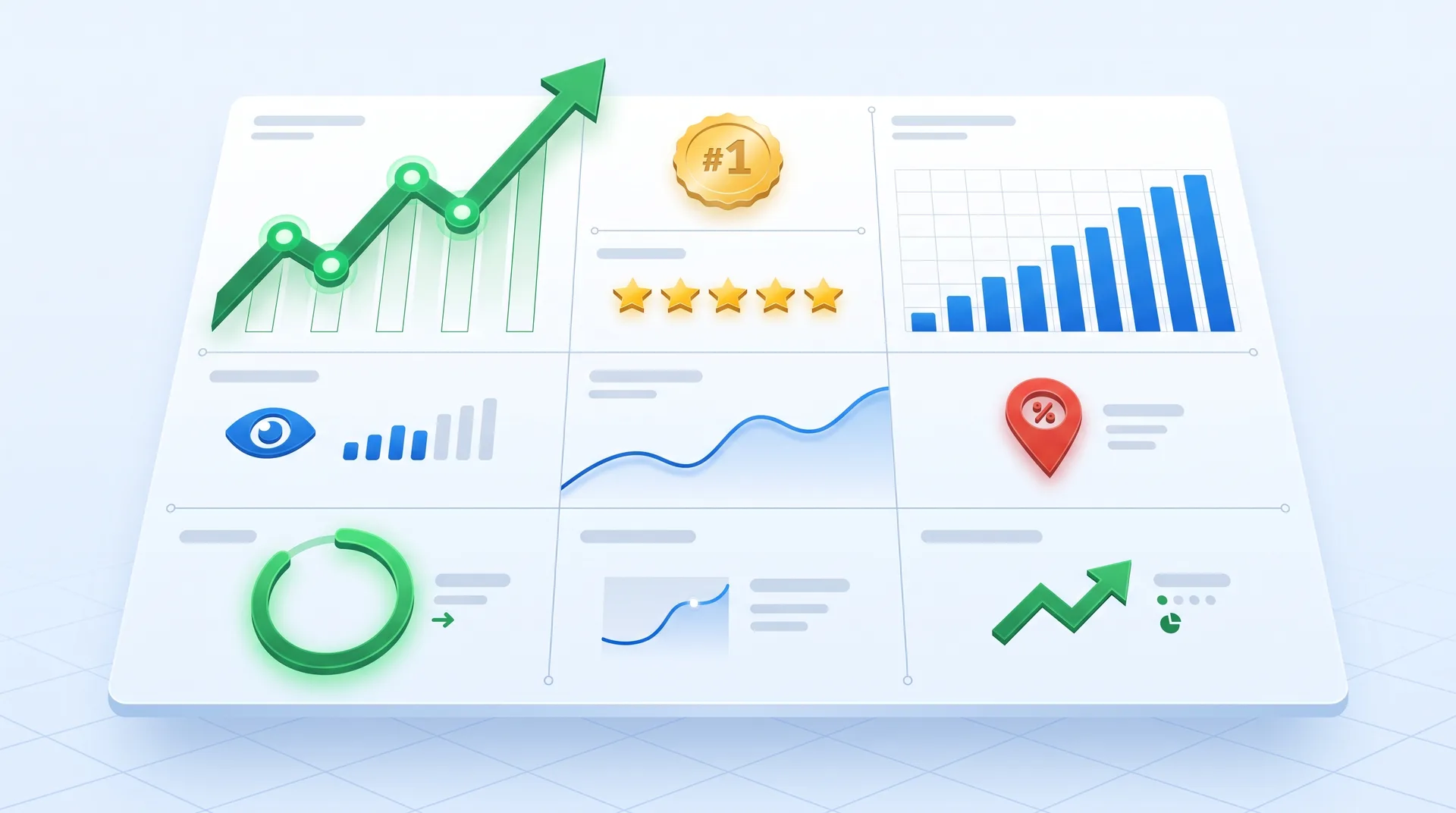 Dashboard showing Google Business Profile performance metrics and local search rankings