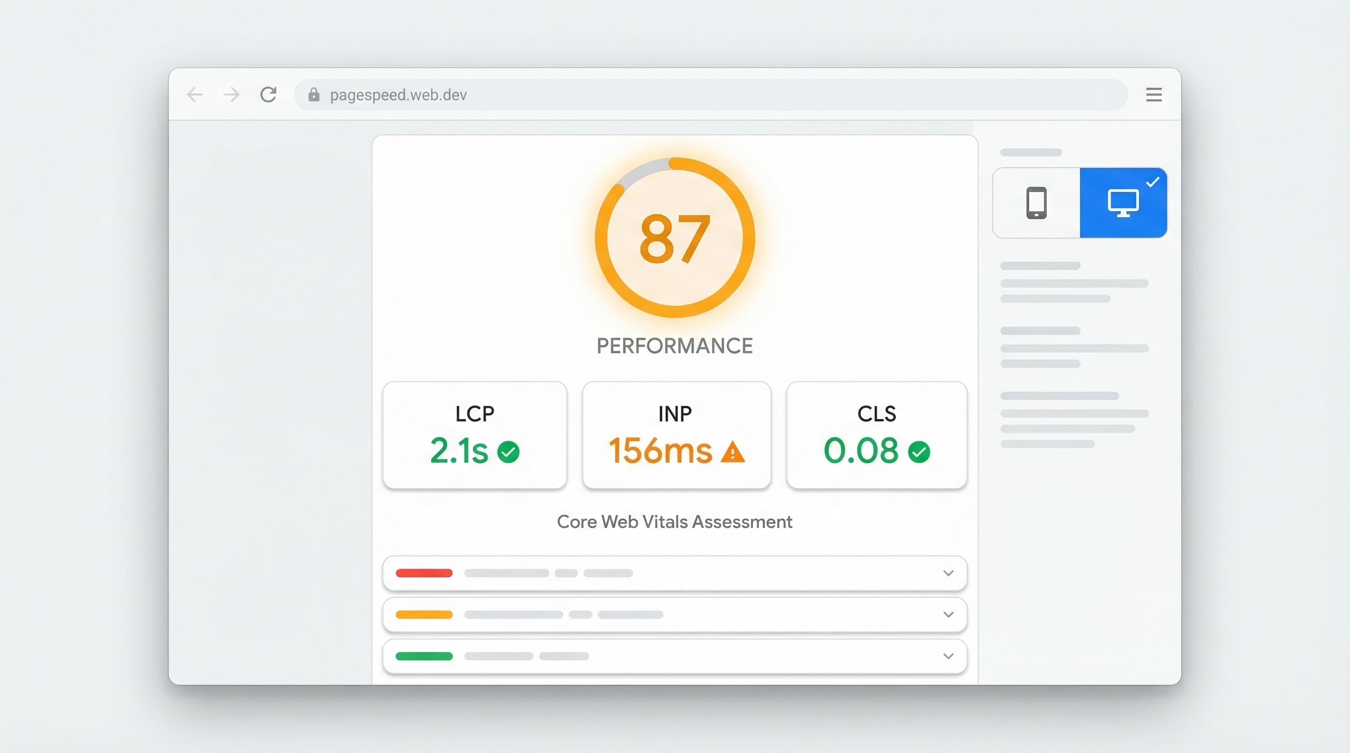 Google PageSpeed Insights dashboard showing Core Web Vitals scores