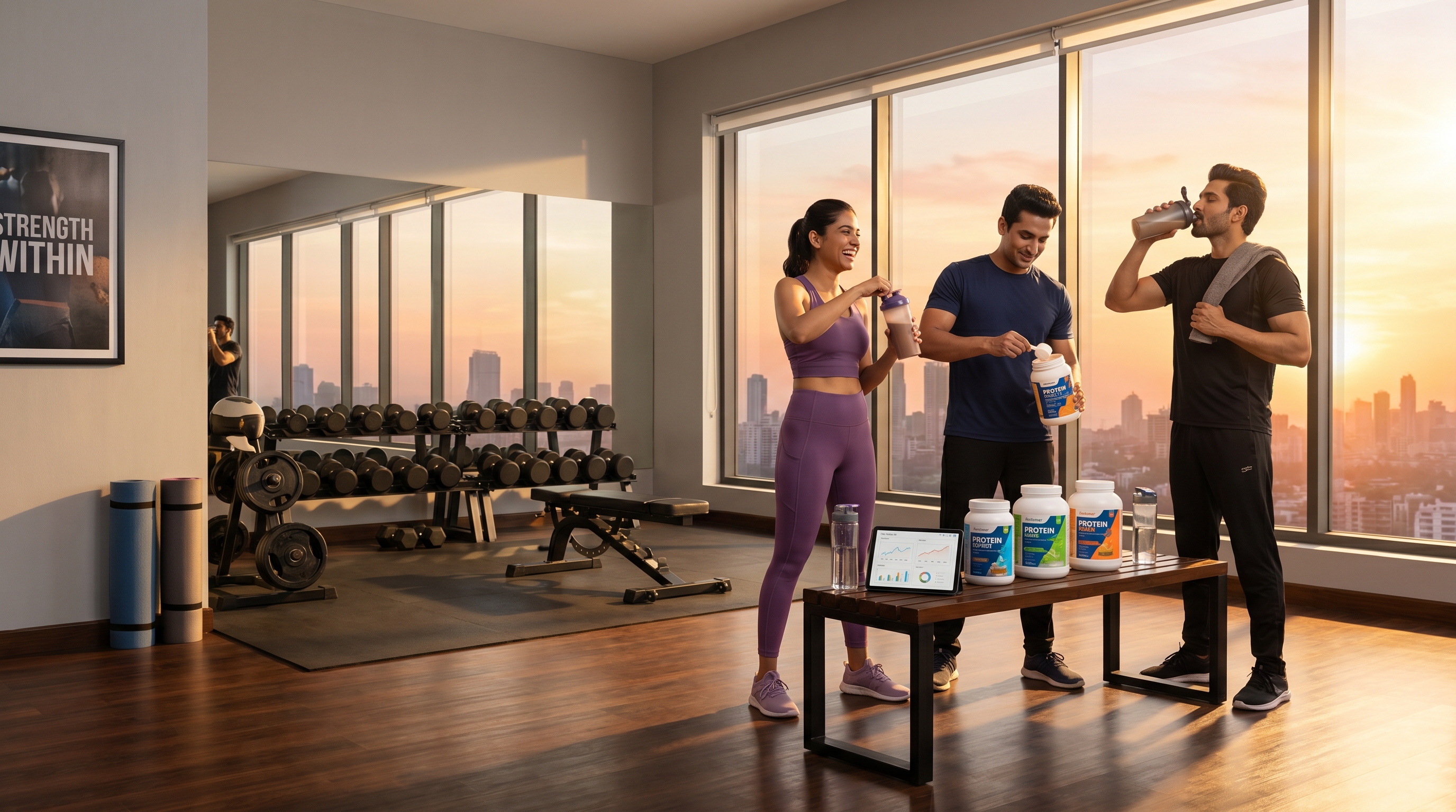 Indian fitness enthusiasts using protein supplements in a modern gym setting