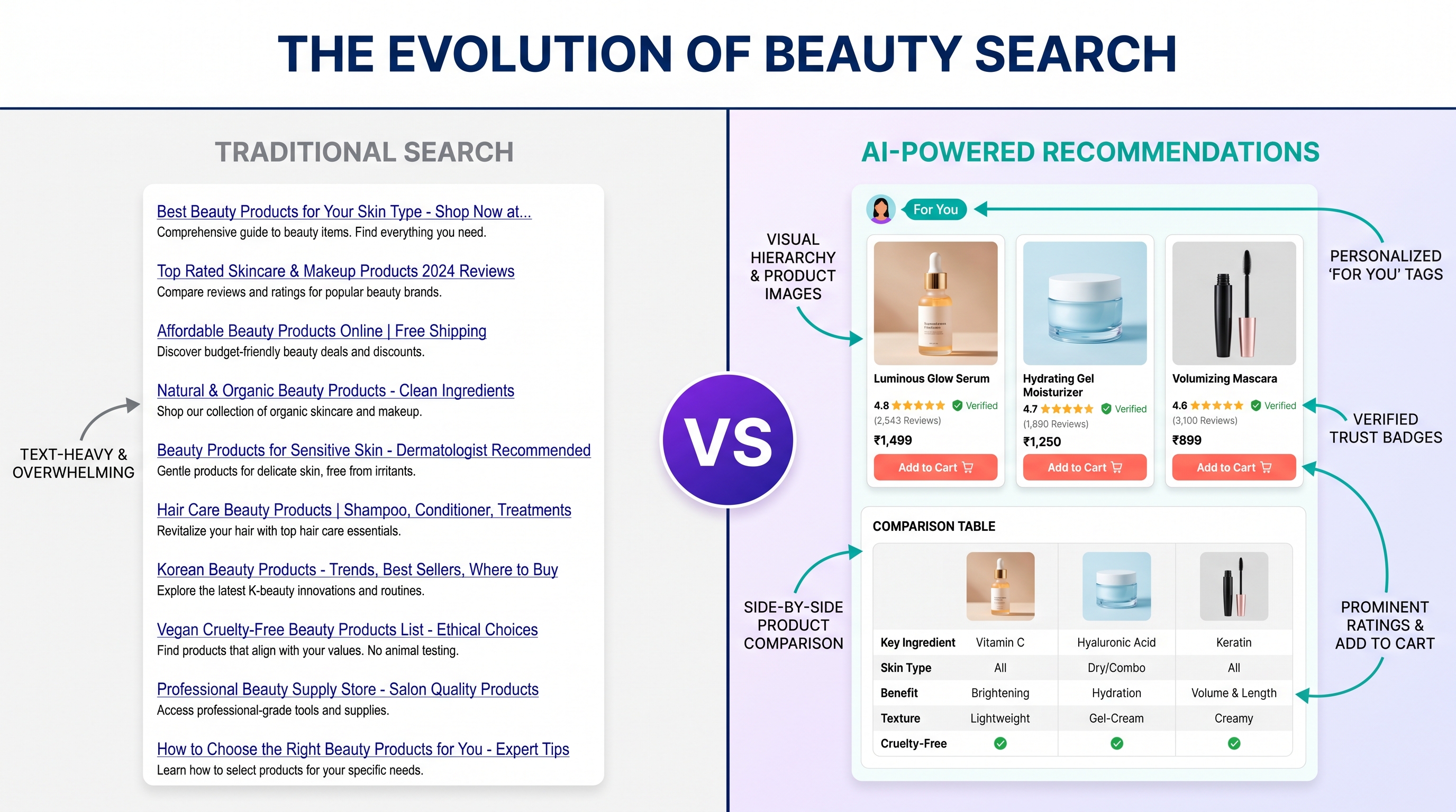 Comparison of traditional search results versus AI-generated product recommendations