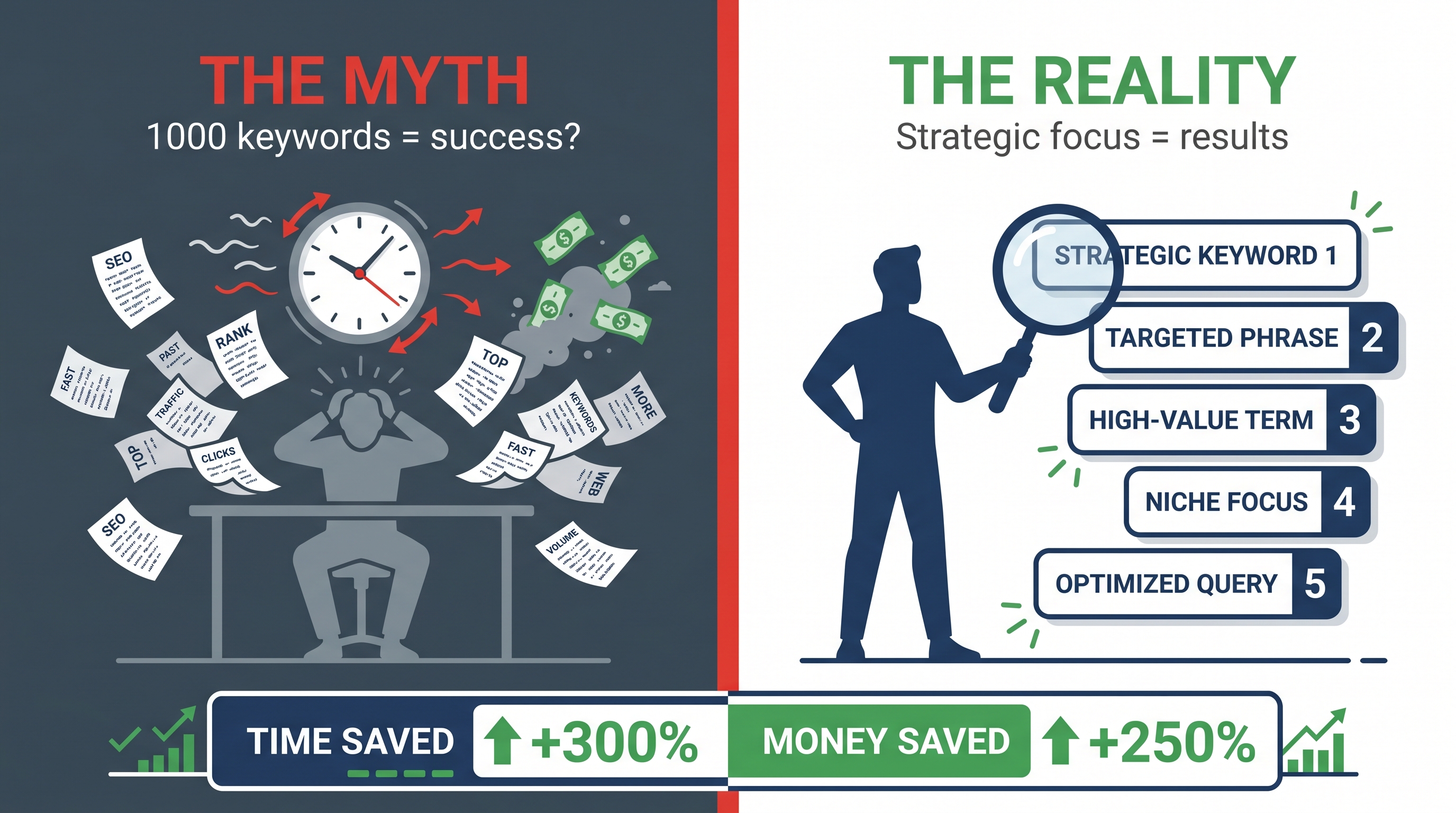 Focused keyword strategy visualization showing quality over quantity