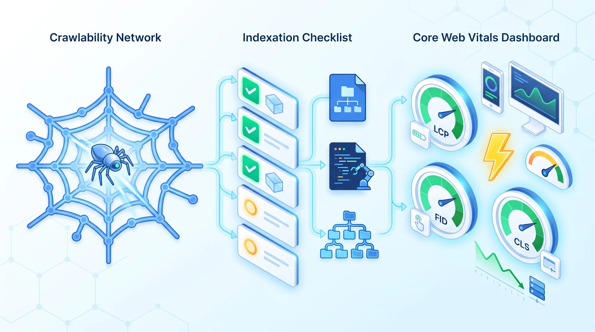 Technical SEO audit checklist showing crawlability, indexation, and Core Web Vitals metrics