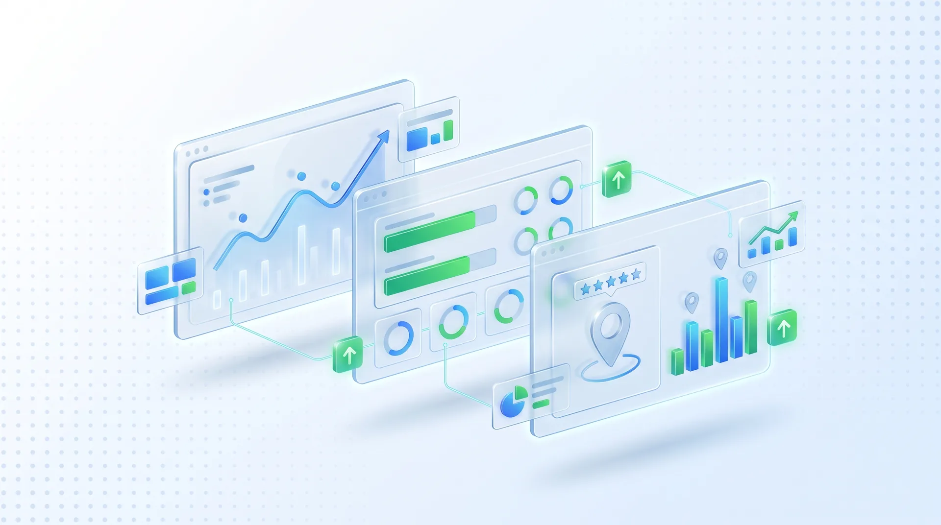 Dashboard showing Google Analytics, Search Console, and Business Profile metrics on multiple screens