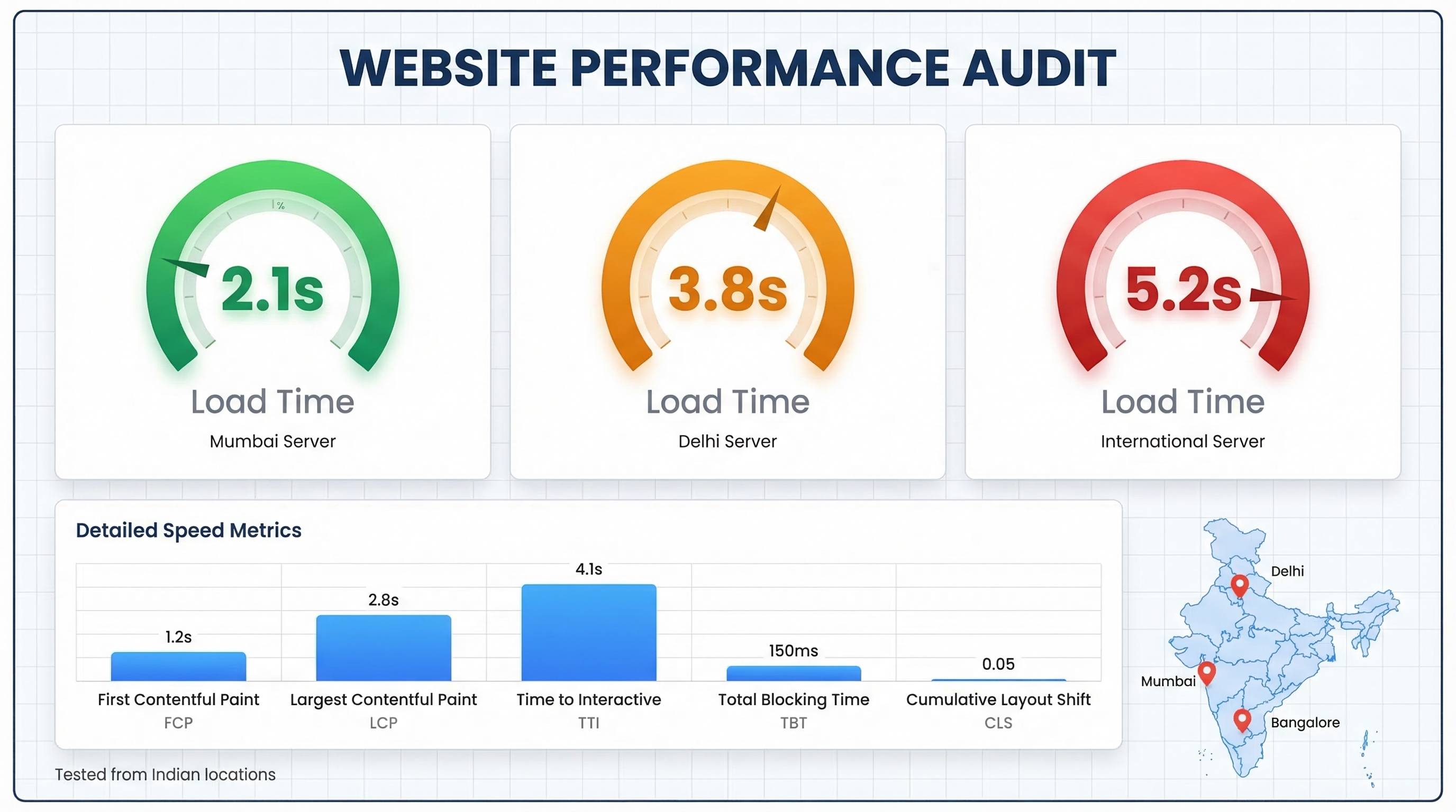 Dynamic speed test dashboard highlighting optimized metrics for India-based servers