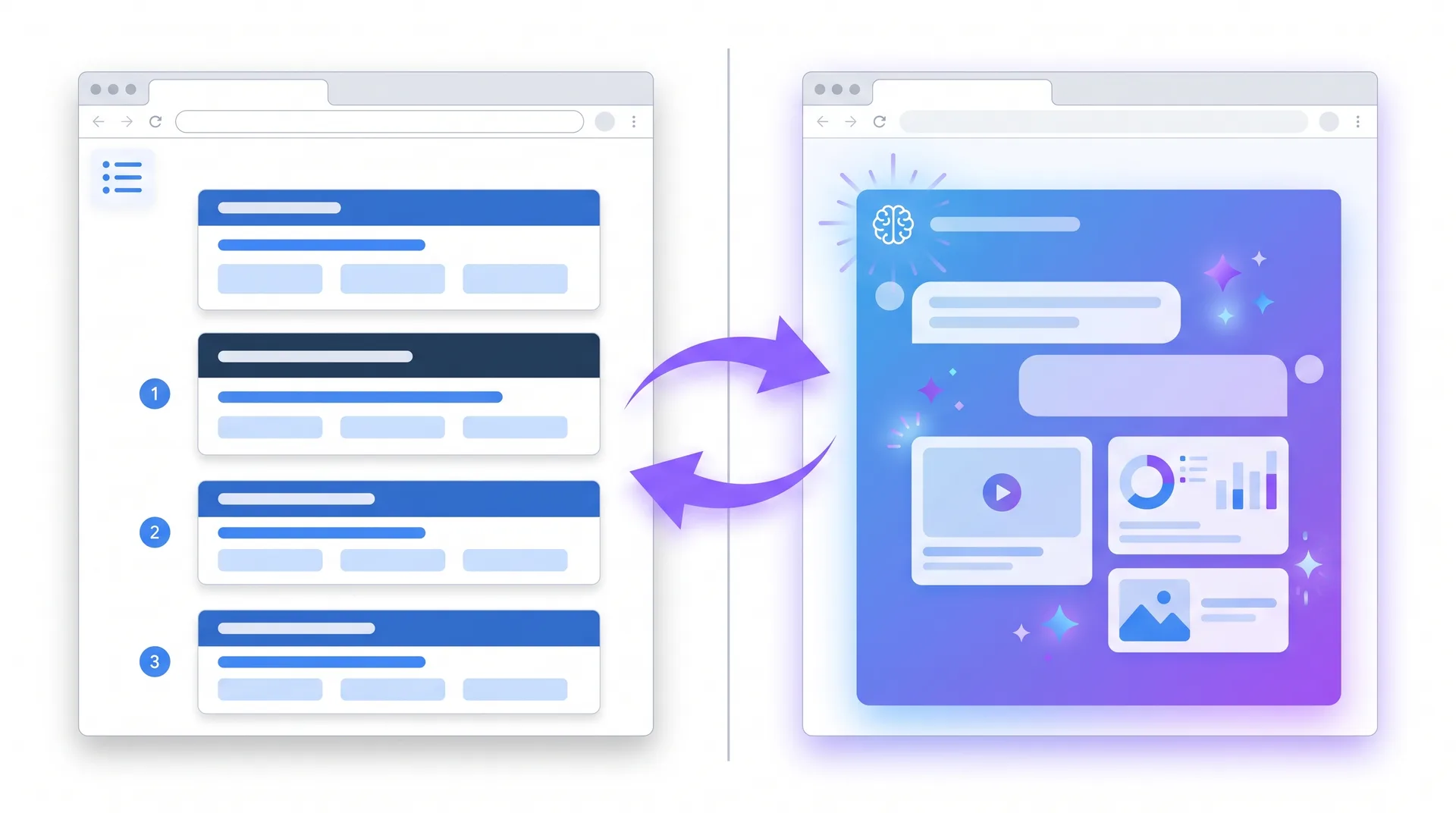 Comparison of traditional Google search results versus AI-powered search interfaces