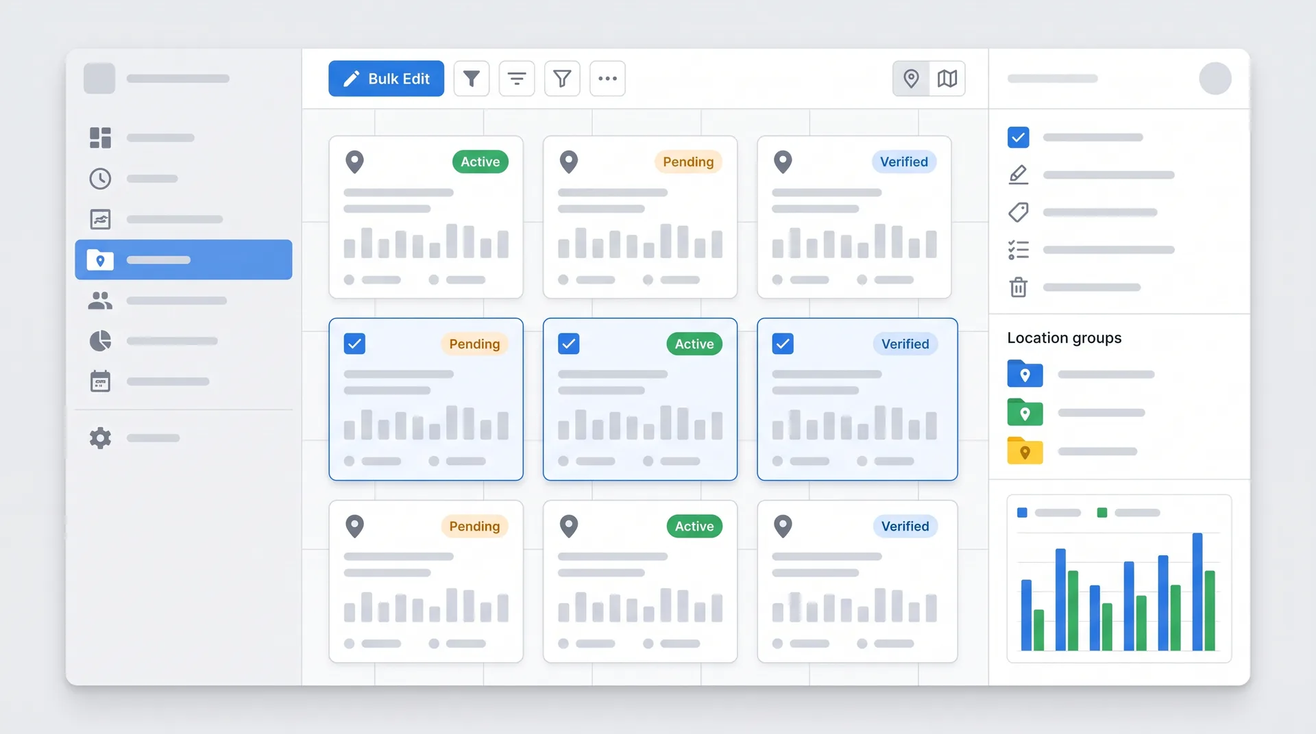 Business Profile Manager dashboard showing Location Groups and bulk edit tools