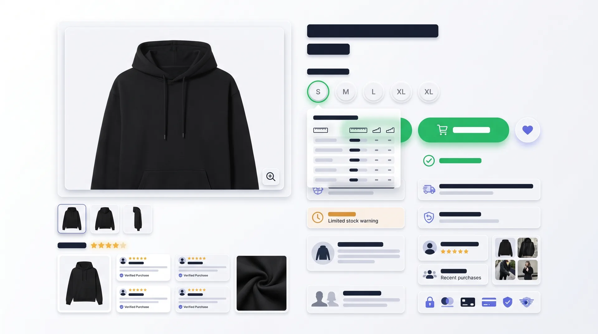 Streetwear product page showing optimized CRO elements including multiple photos, size guide, and reviews