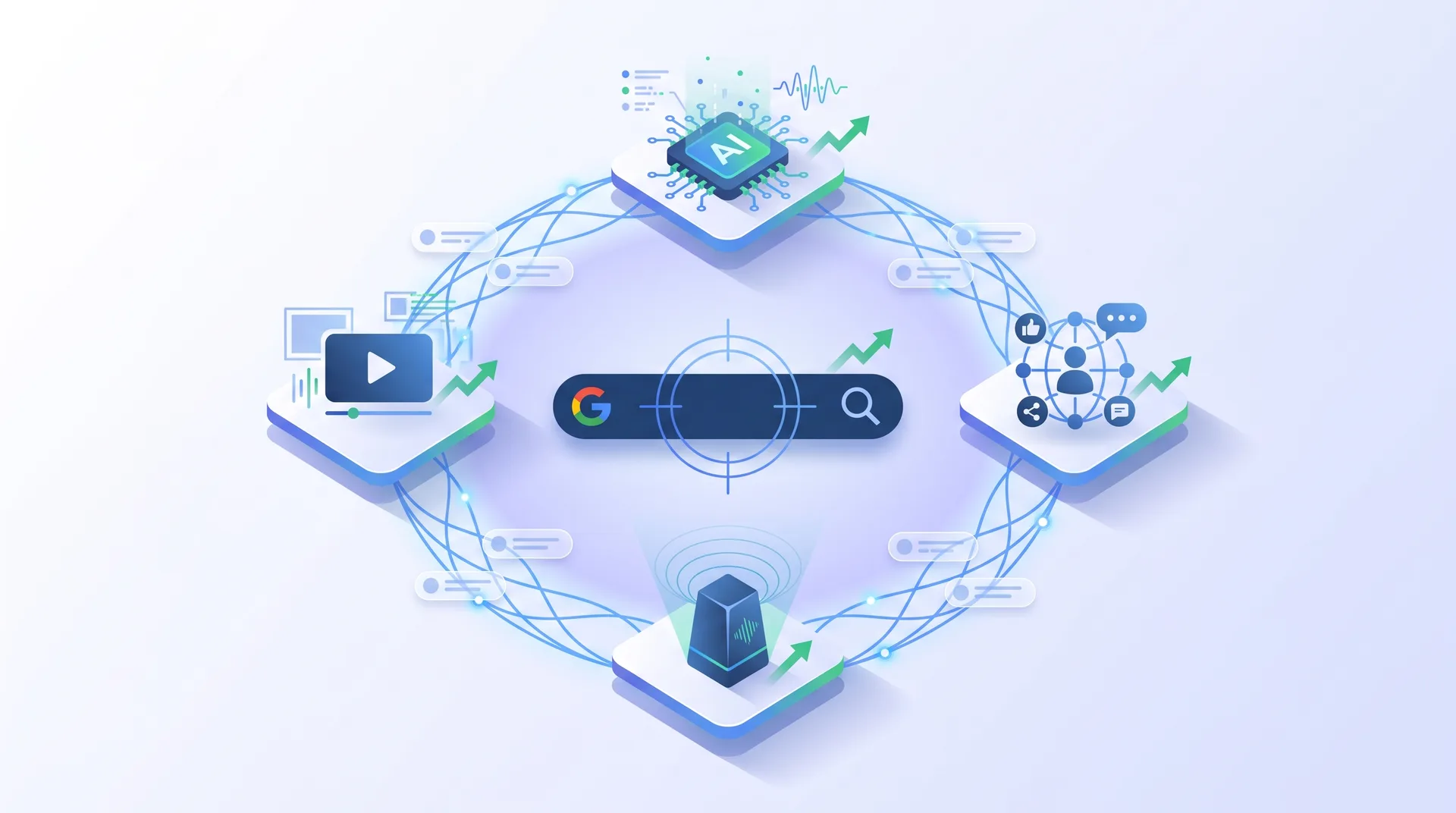 Competitive SEO landscape showing multiple platforms including Google, AI search, and social media