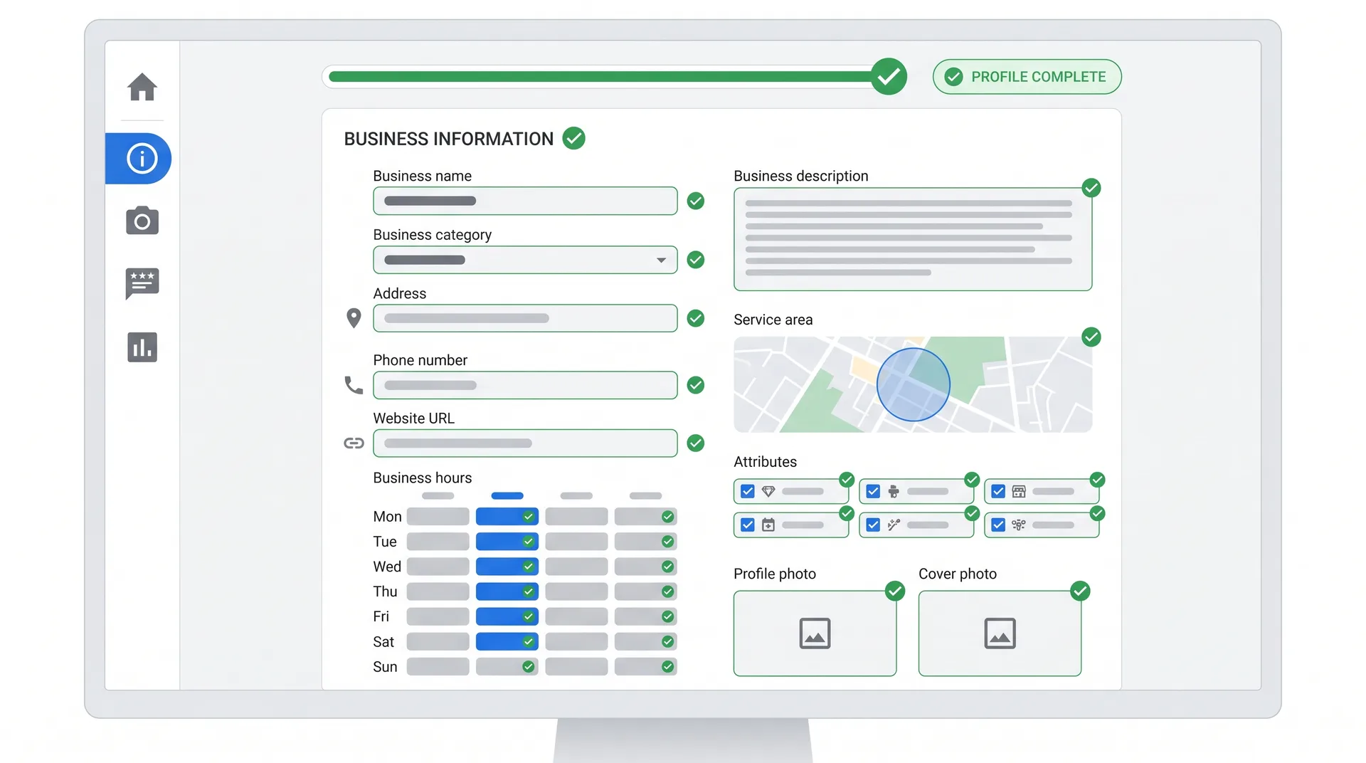 Google Business Profile dashboard showing complete business information fields