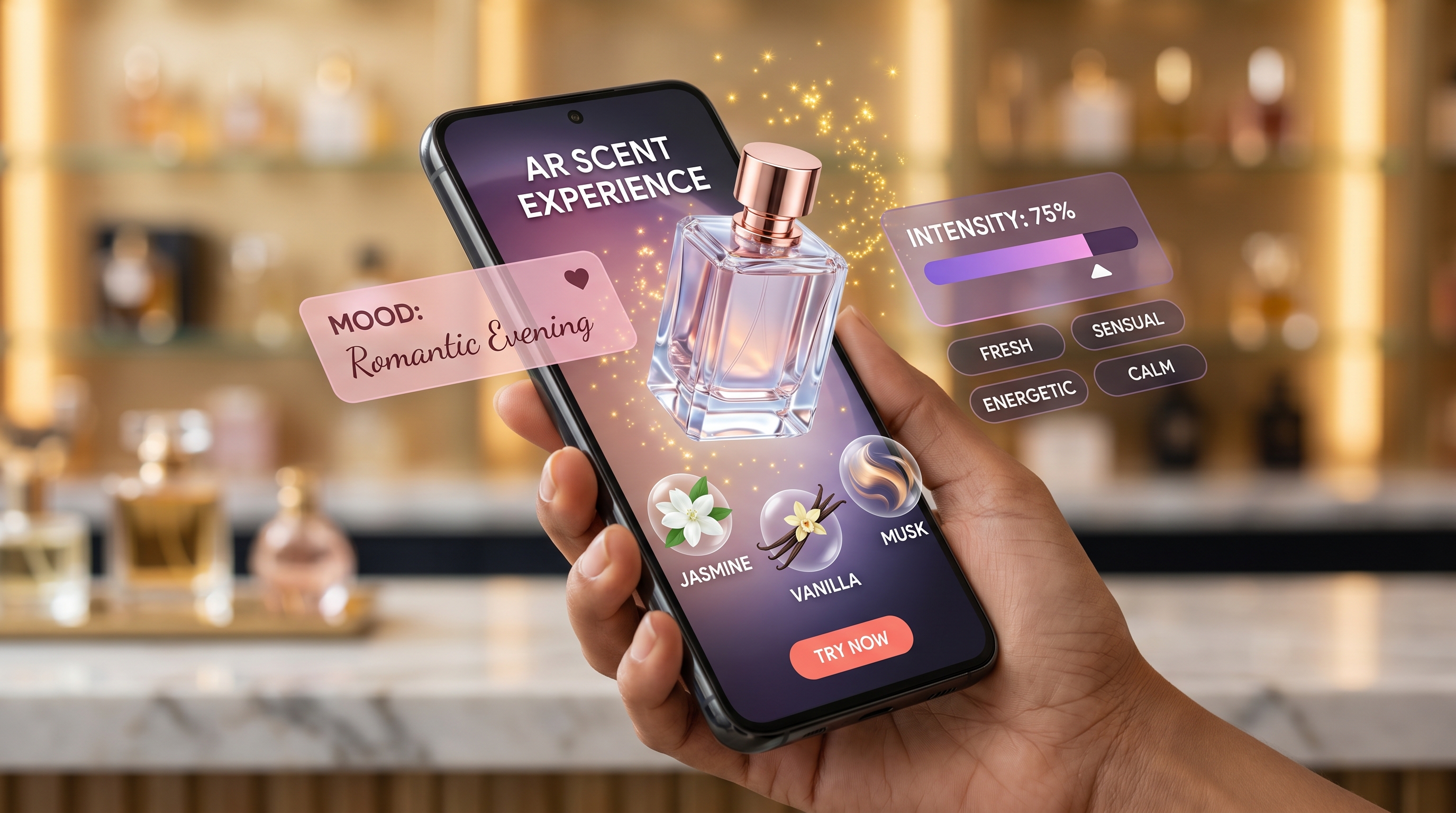 Interactive AR perfume bottle visualization and mood-based scent quiz interface on mobile device