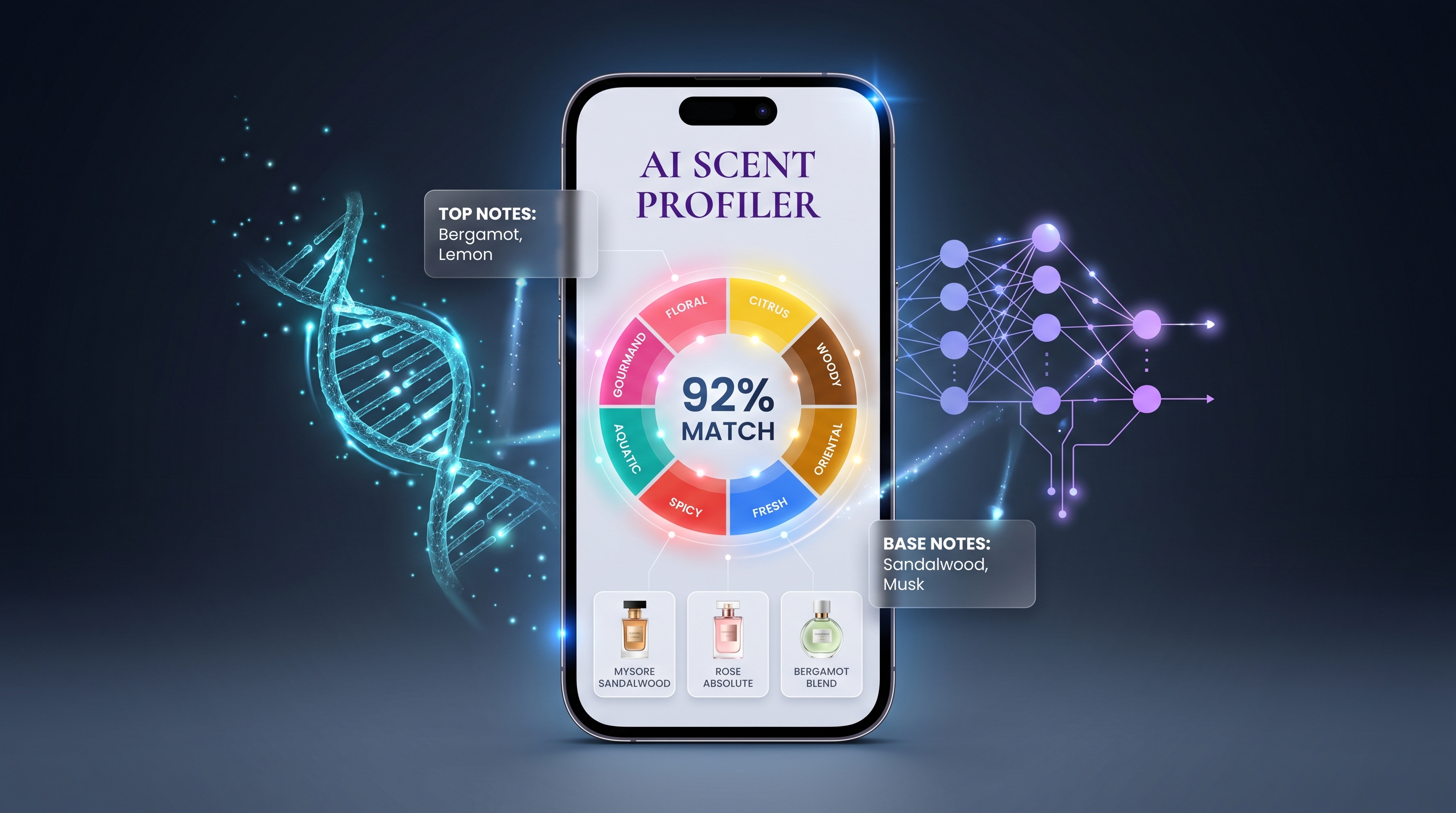 AI-powered scent matching interface showing fragrance note analysis and consumer preference mapping