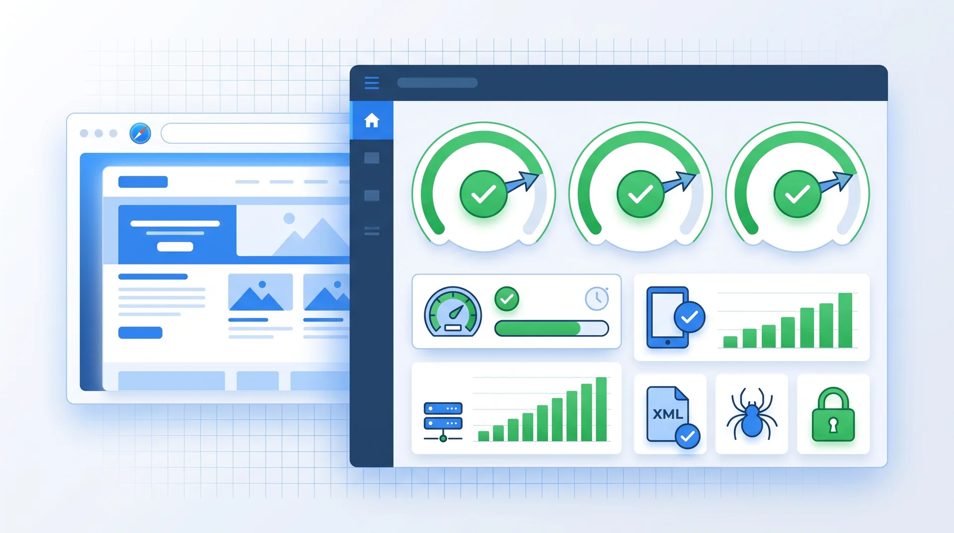 Technical SEO audit dashboard showing Core Web Vitals metrics