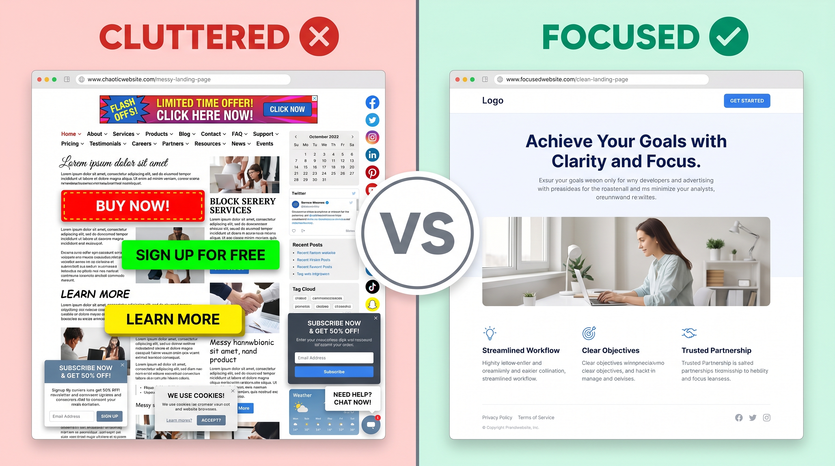 Side-by-side comparison of cluttered landing page vs clean, focused landing page with clear visual hierarchy