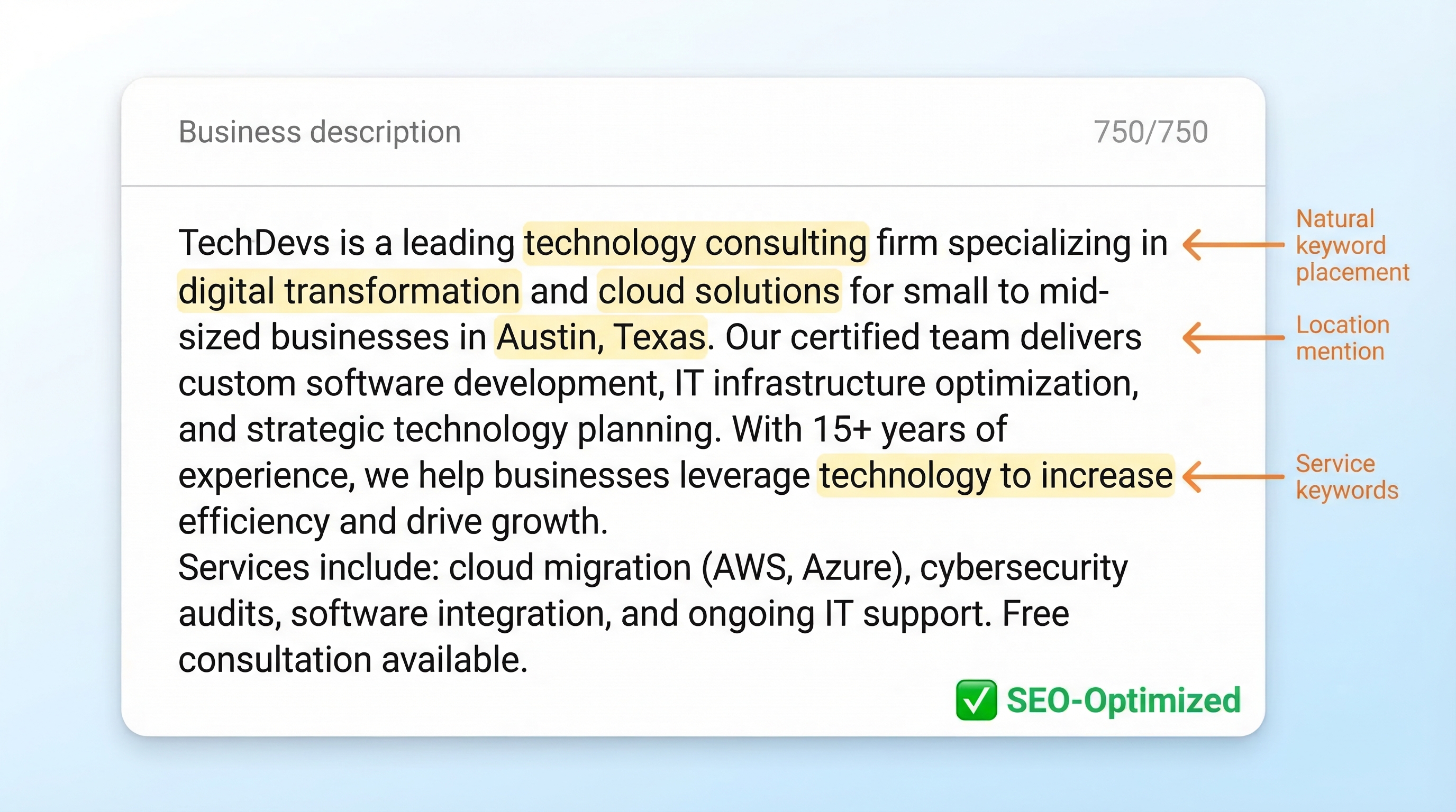 Example of a well-optimized Google Business Profile description with natural keyword usage