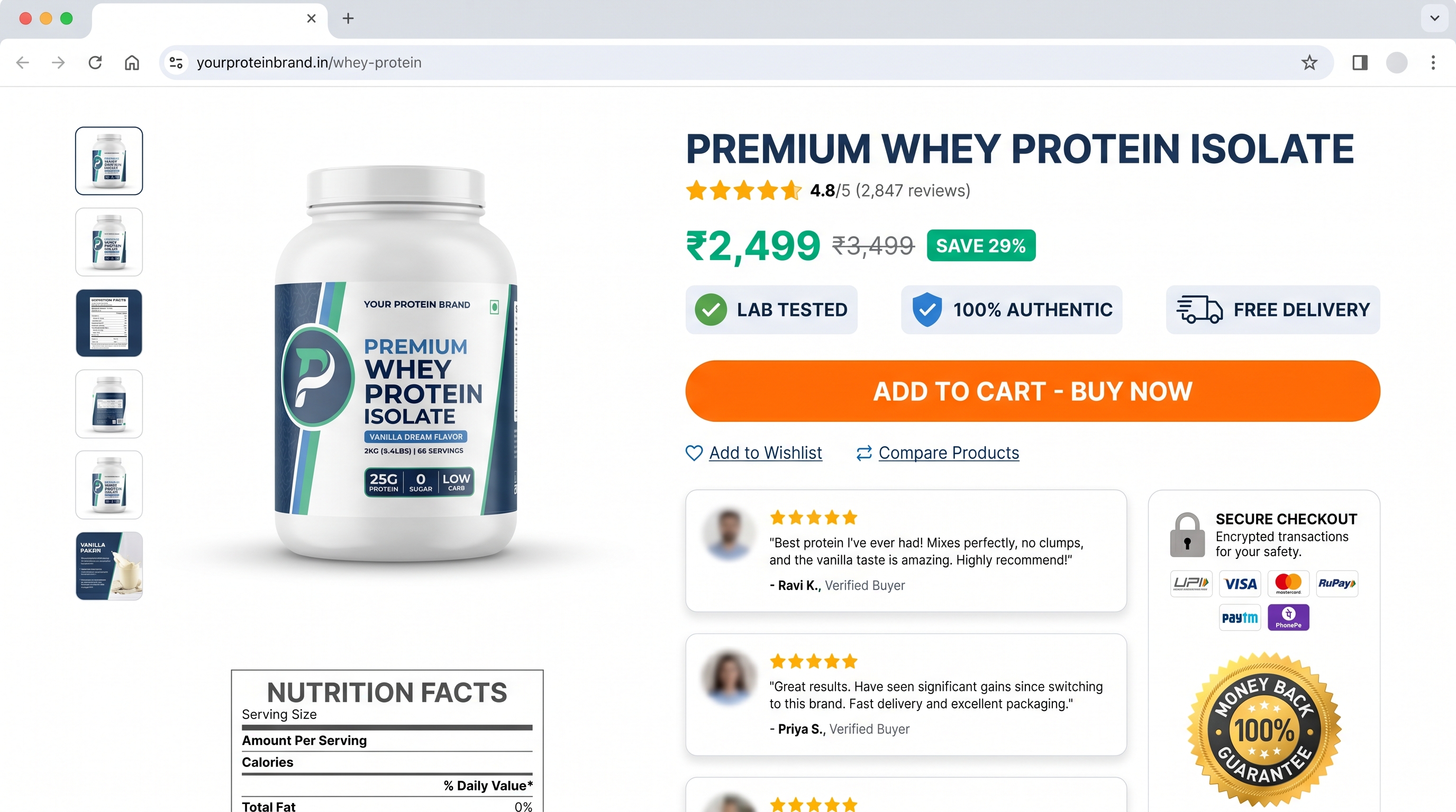 Optimized protein supplement product page with trust badges, reviews, and clear call-to-action buttons