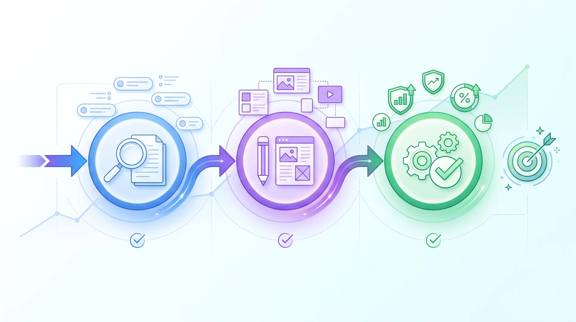 Content optimization workflow showing research, creation, and technical SEO steps