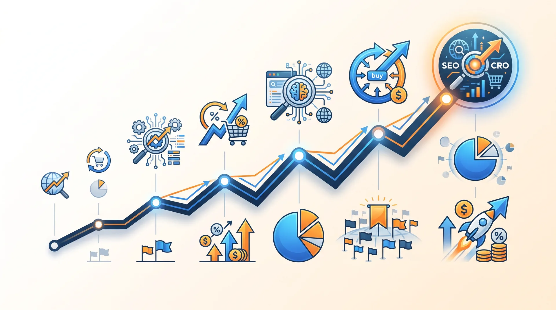 Modern brand optimization strategy visualization showing SEO and CRO integration
