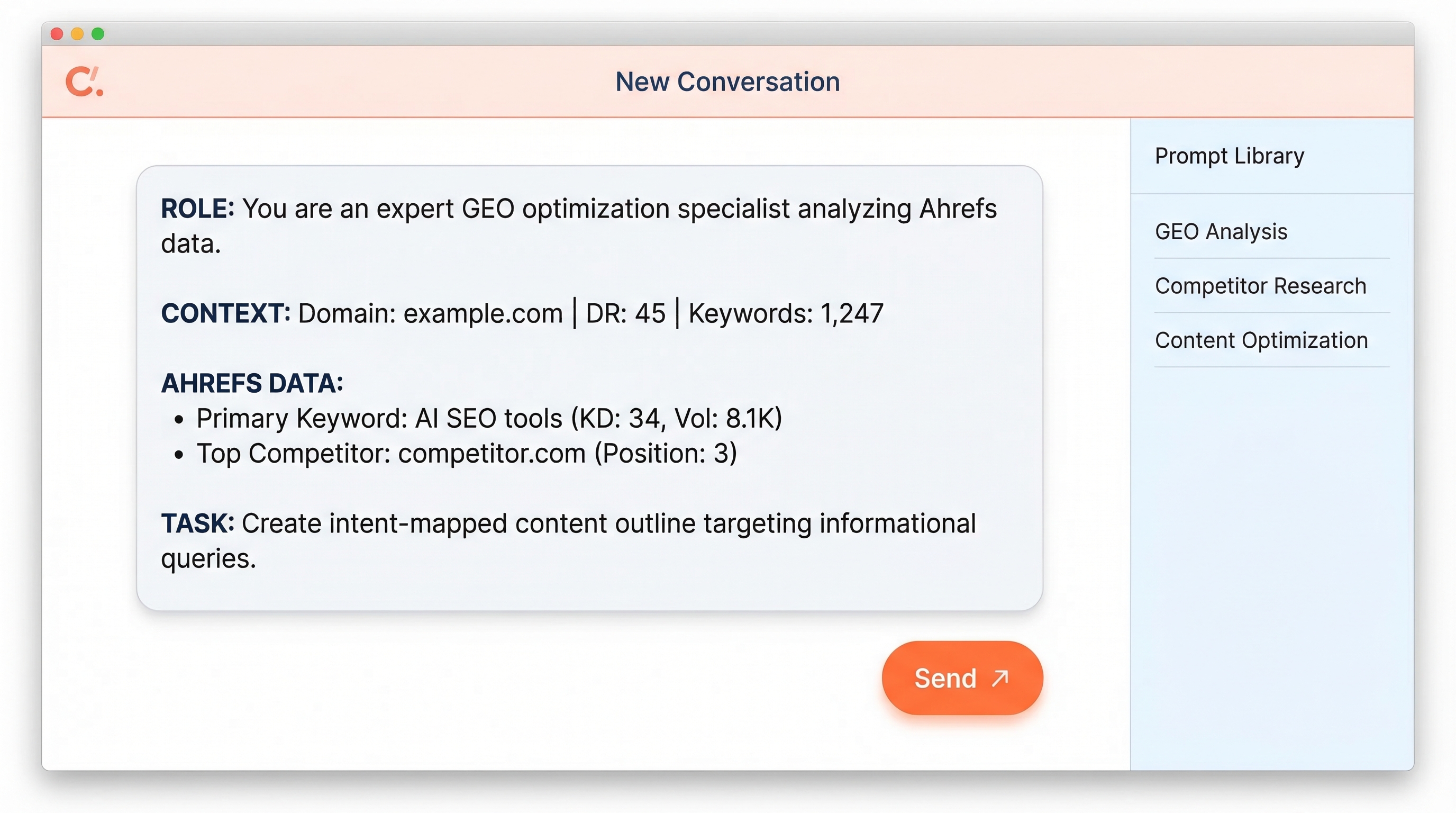 Screenshot of Claude AI interface showing a professional SEO prompt with structured formatting and Ahrefs data