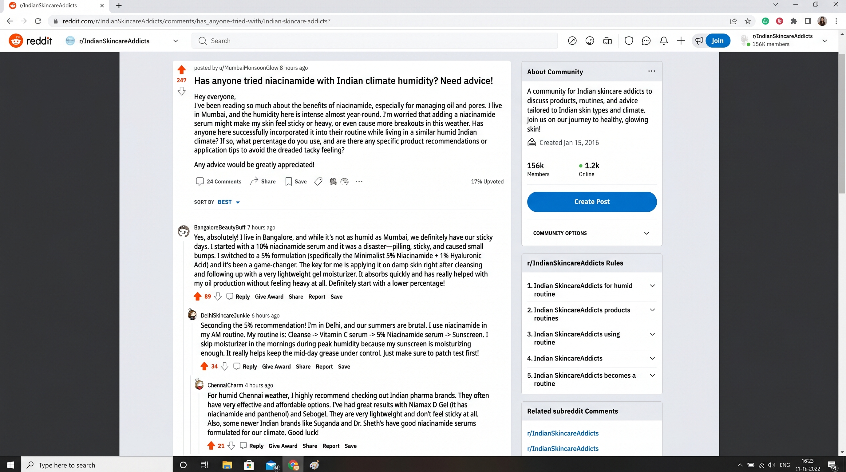 Screenshot of an engaging Reddit discussion about skincare ingredients