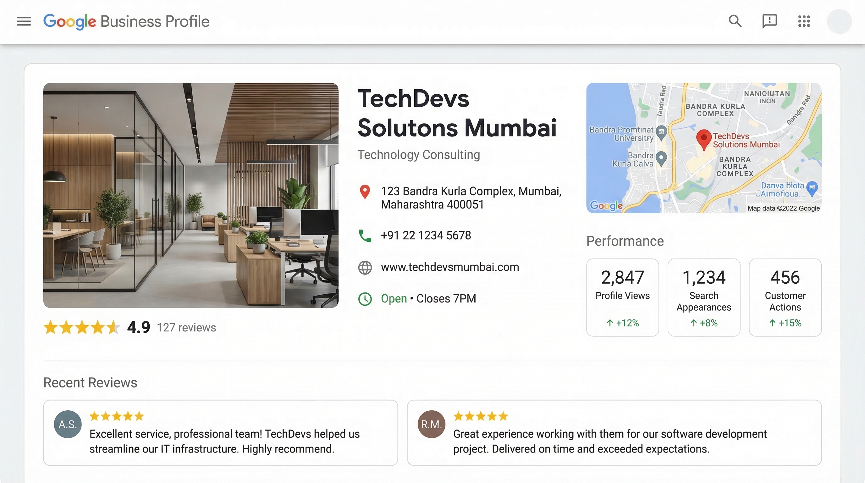 Vibrant GBP interface flaunting reviews, photos, and updates for a thriving Indian enterprise