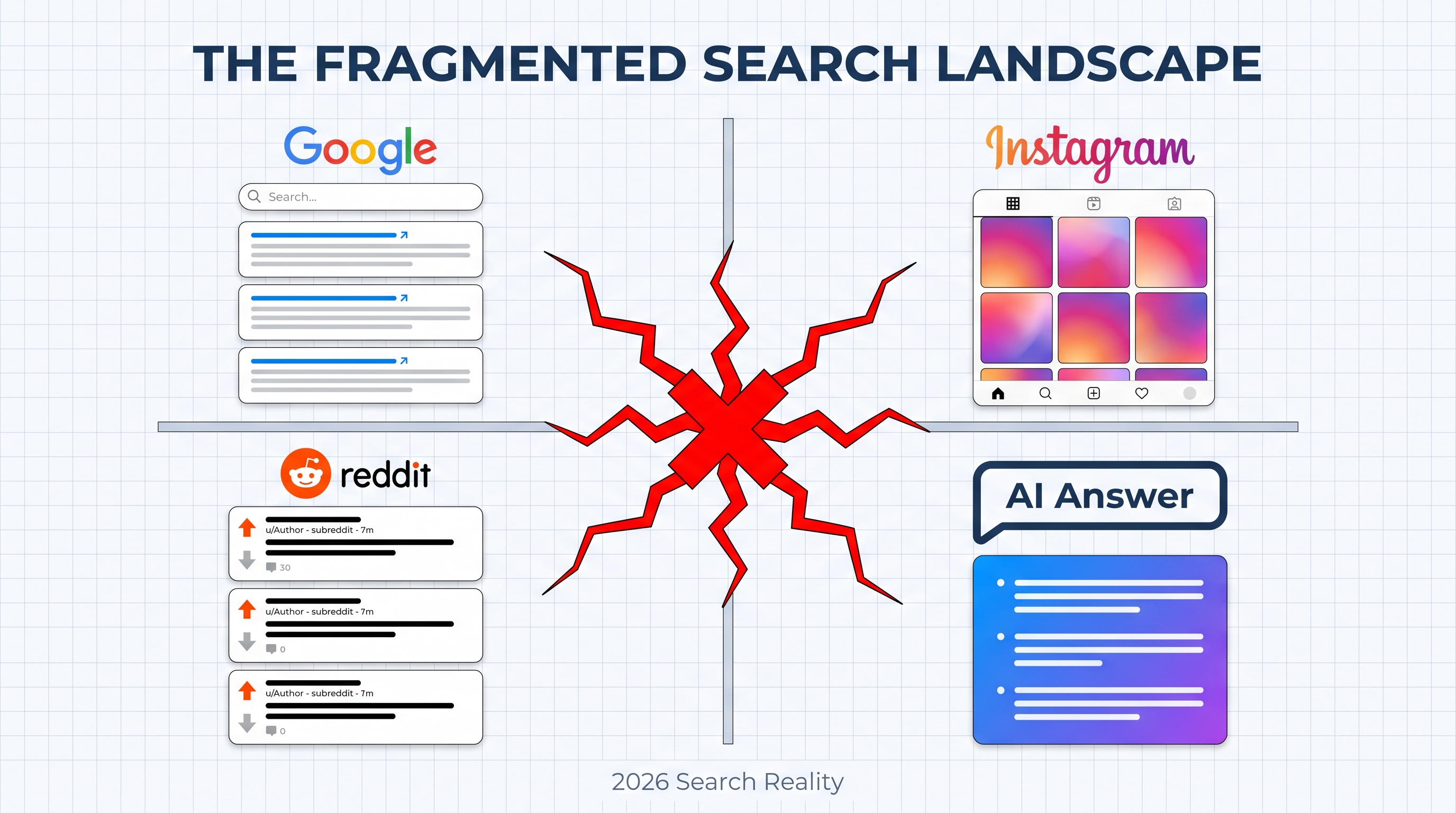 Fragmented search landscape showing multiple platforms including Google, Instagram, Reddit, and AI search engines