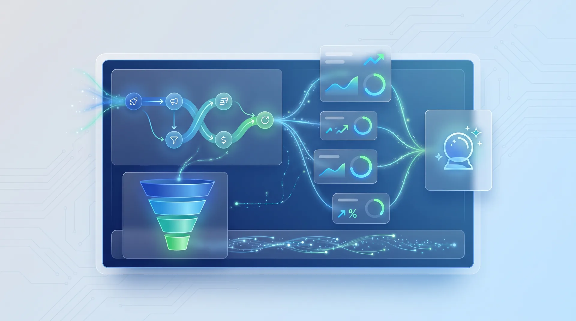 Google Analytics 4 interface showing predictive metrics and user journey analysis